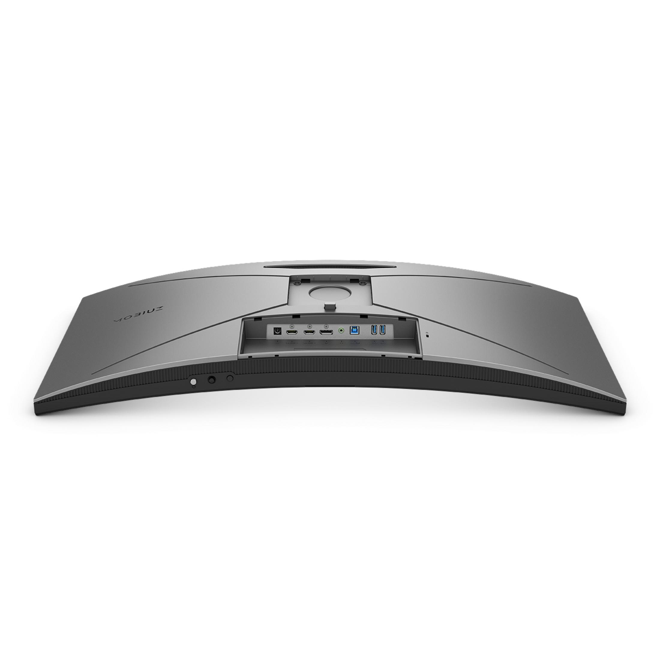 La parte inferiore di un monitor curvo con porte e retro nero.