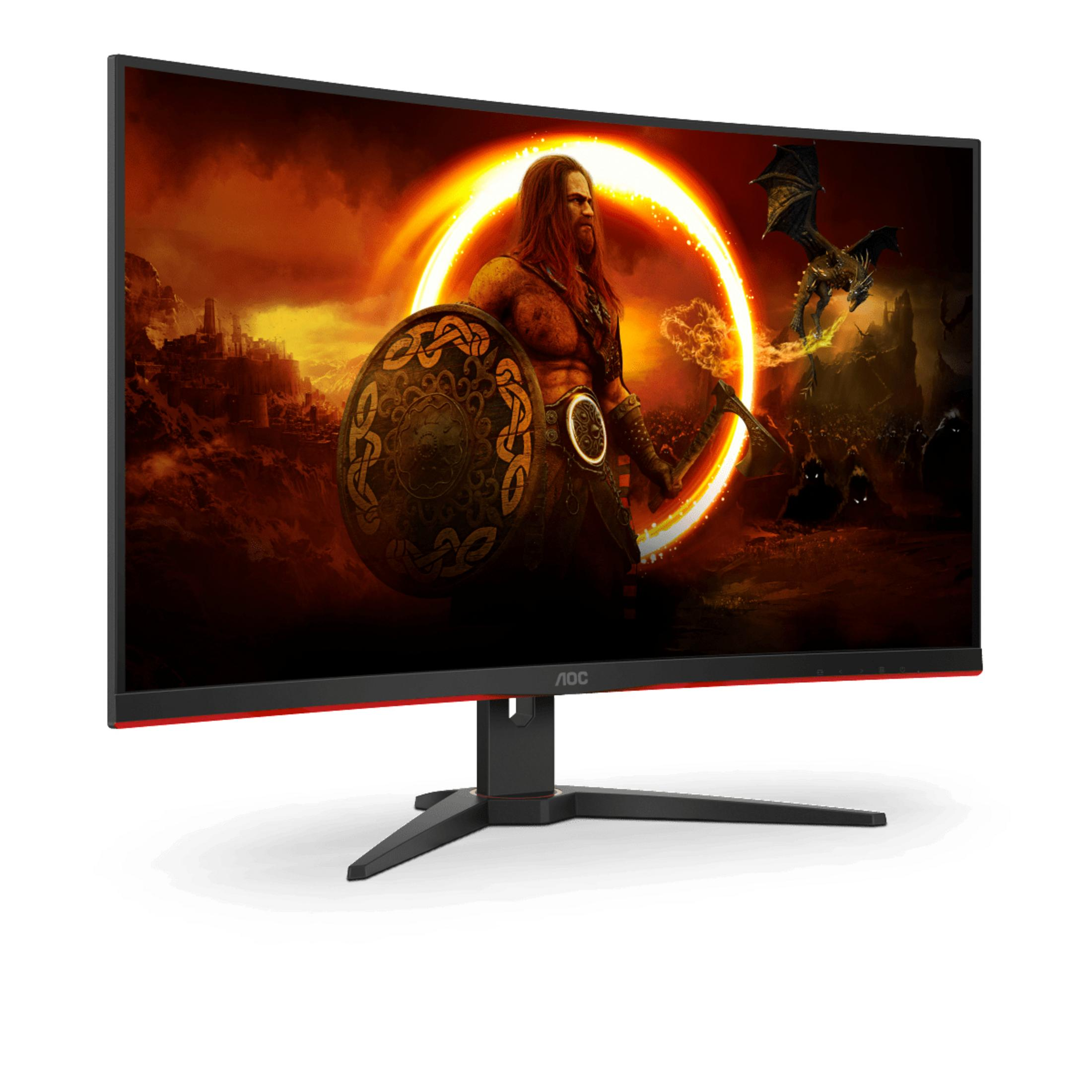 Gebogener Monitor, der eine Videospielszenen mit einem Wikingerkrieger und einem Drachen zeigt.