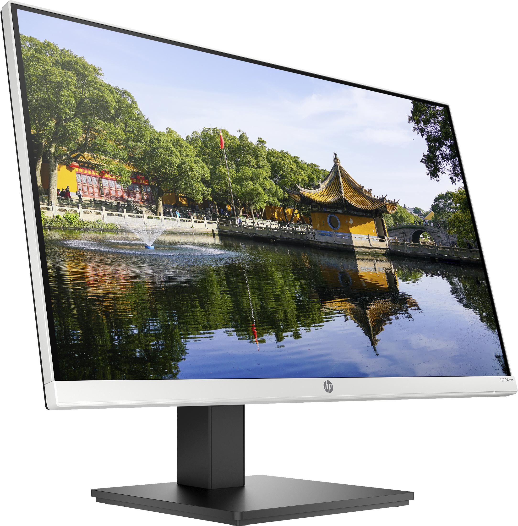 Un monitor di computer che mostra una vista panoramica di un lago ed edifici. Ha una cornice bianca.
