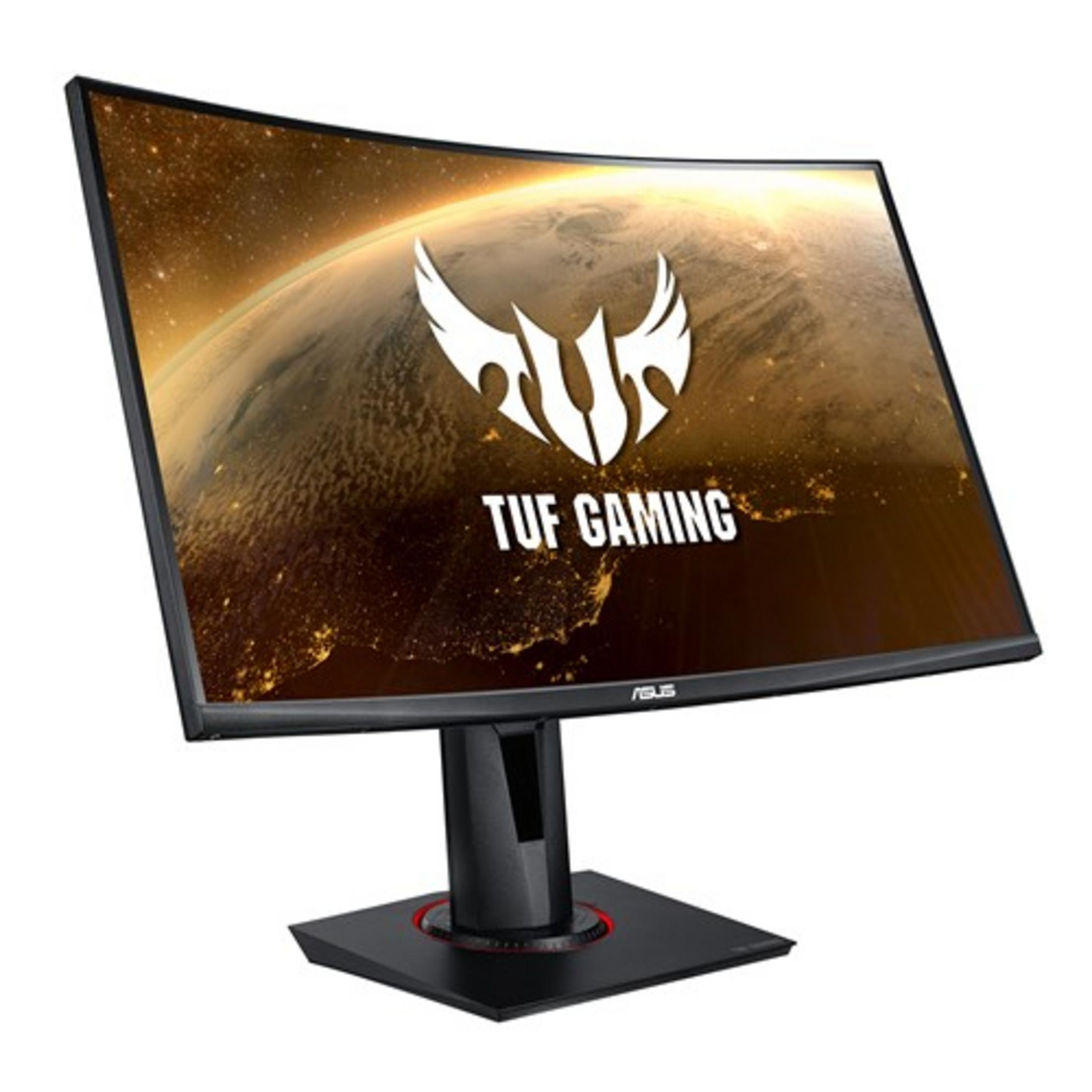 Monitor de computadora curvo que muestra un logotipo de juego y una imagen de planeta.