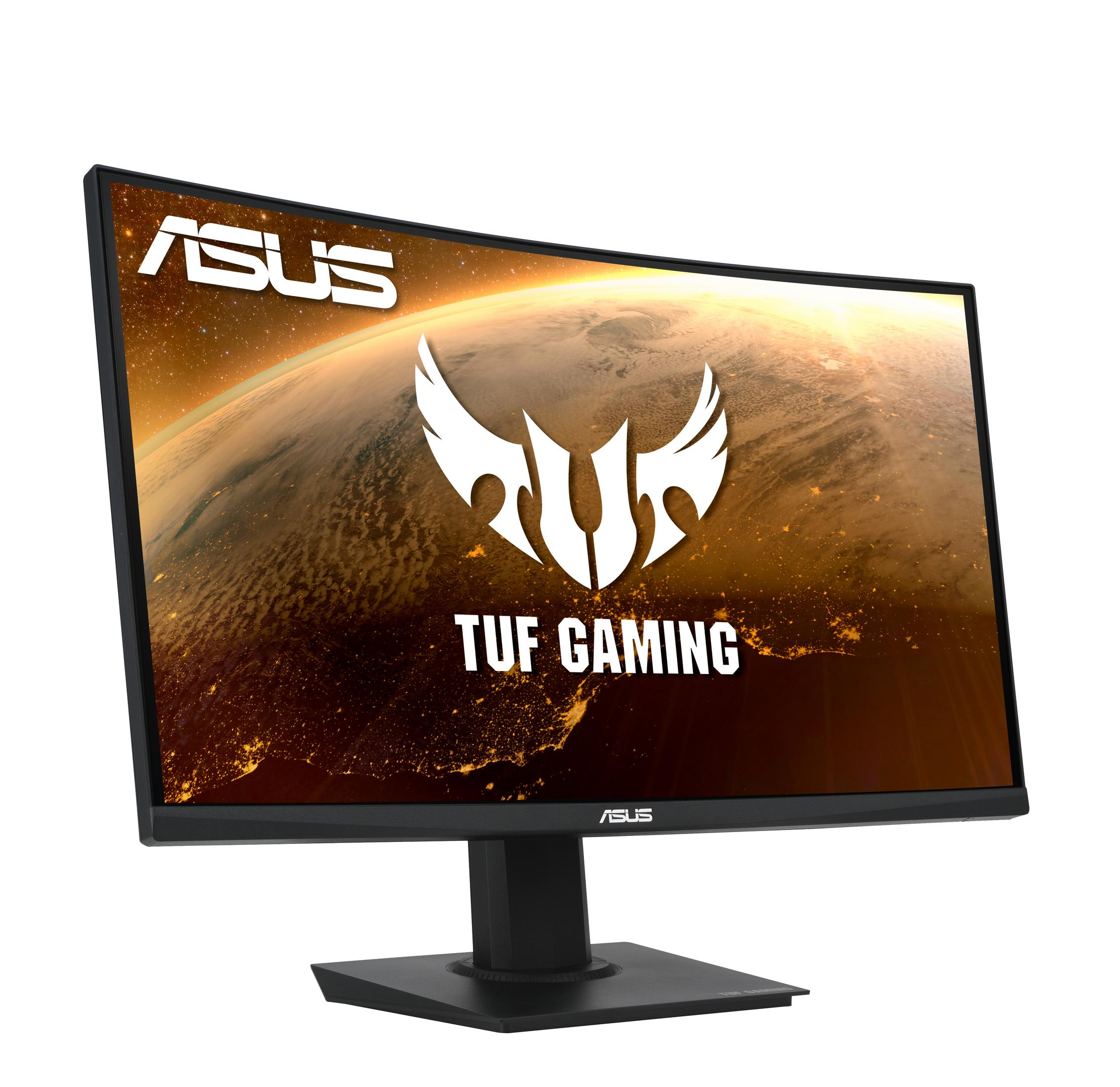 Een gebogen computermonitor met het ASUS TUF GAMING logo op een zwarte standaard, met een stad 's nachts.