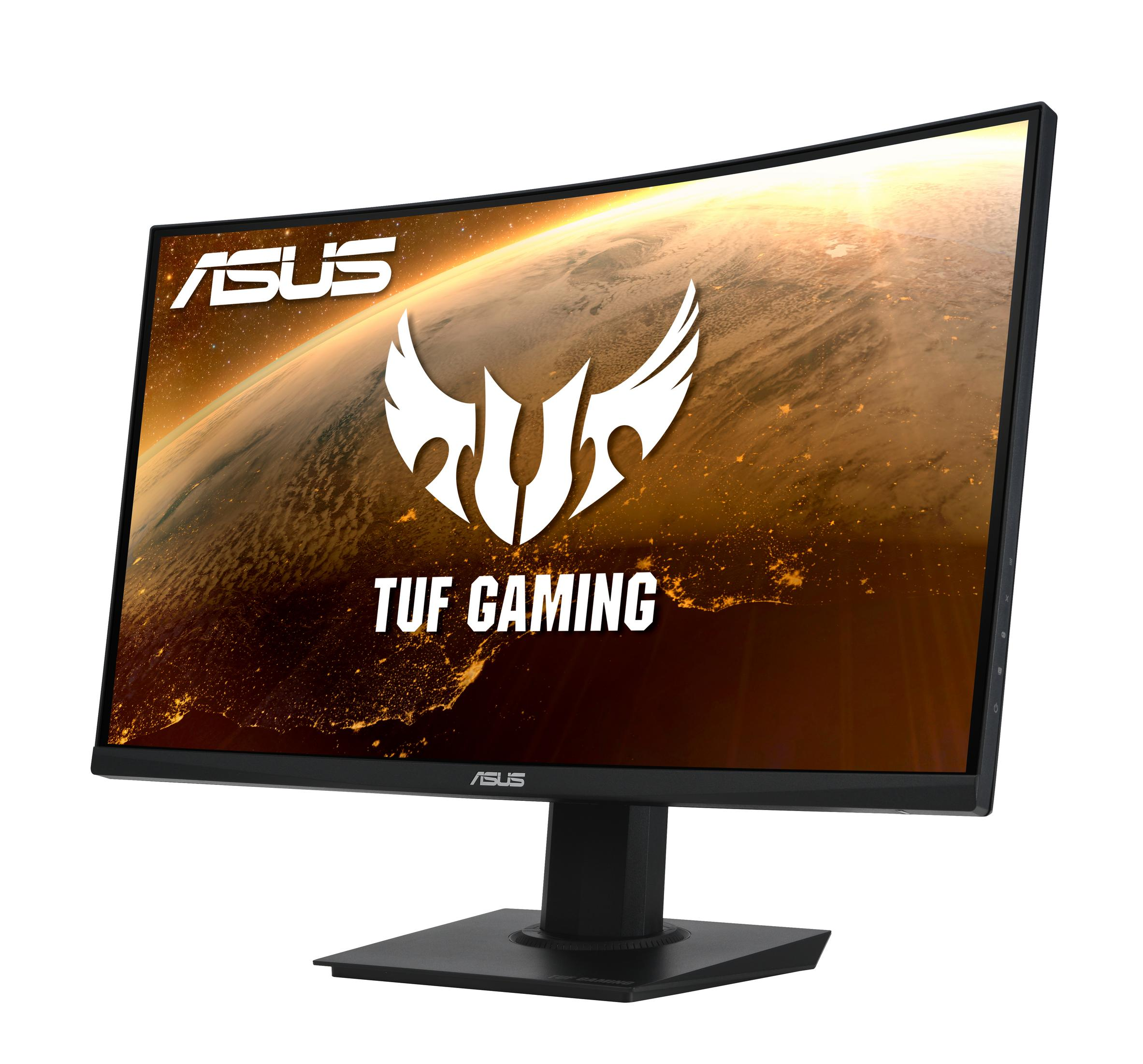 Gebogen gaming monitor. Zwart frame. Scherm toont ruimte-achtergrond en ASUS logo.