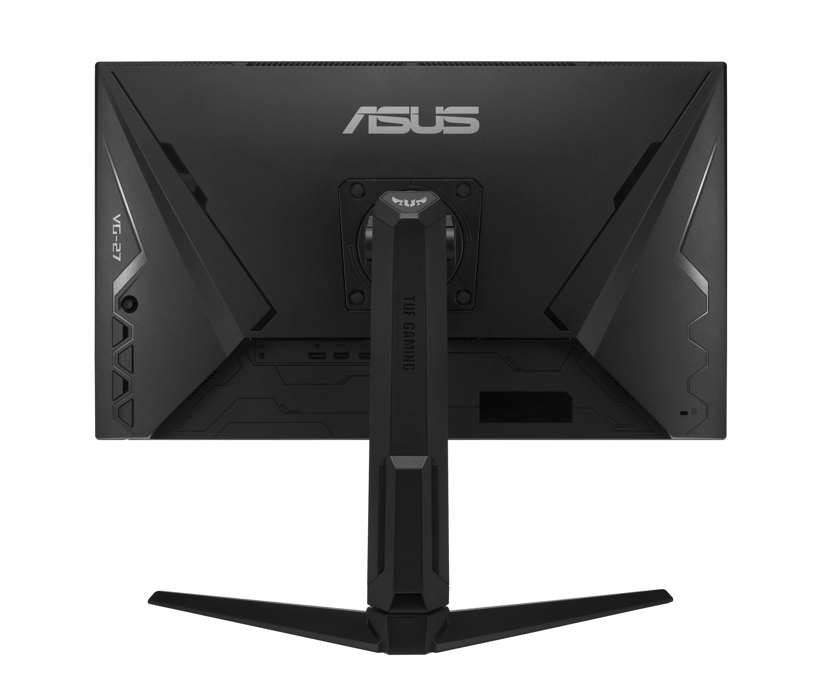 Un monitor ASUS nero con il logo in alto e un supporto nero.