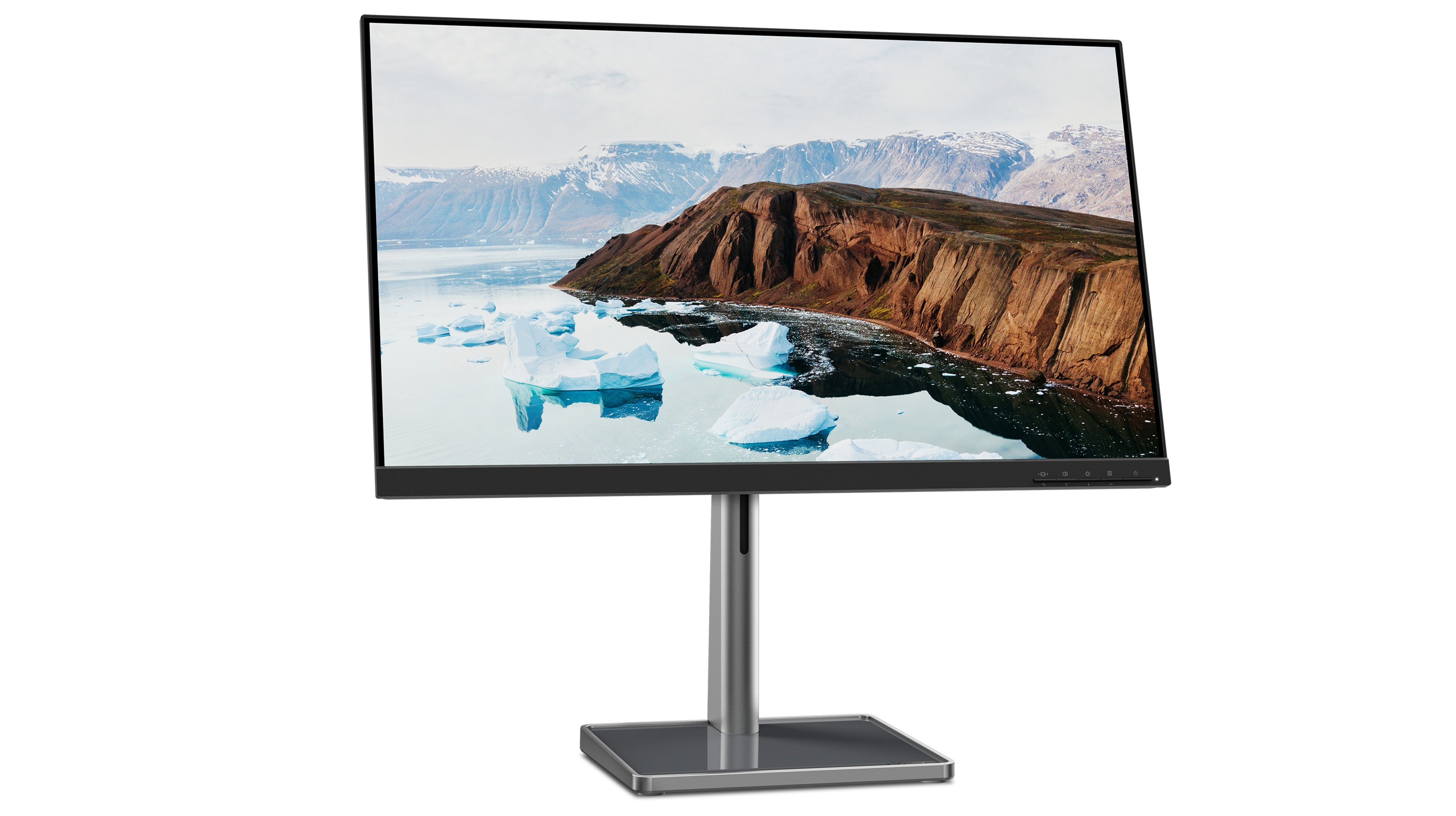 Monitor, der eine Bergkette, Eisberge und ein Gewässer zeigt, auf einem weißen Ständer.