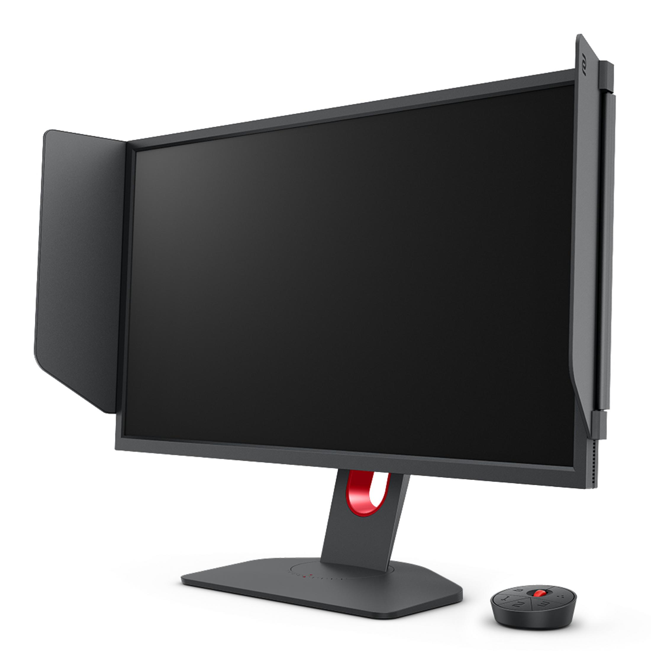 Monitor del computer nero con protezioni laterali e telecomando. Su sfondo bianco.
