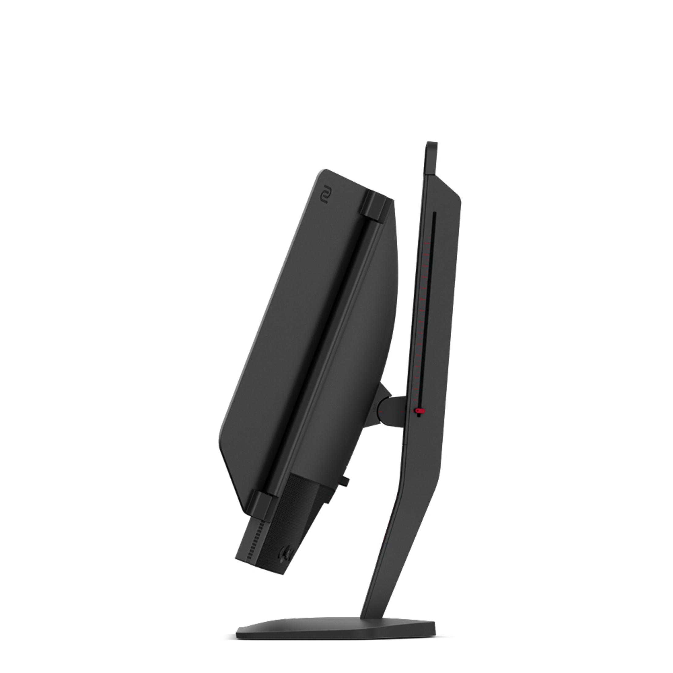 Monitor nero di lato, angolato, con un accento rosso.