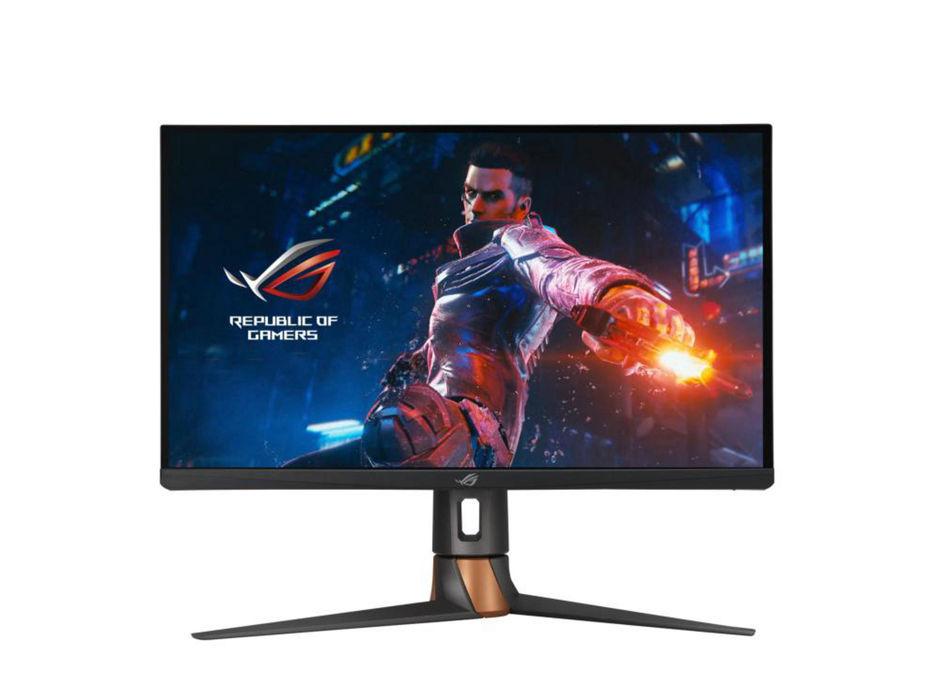 Bir oyun sahnesi gösteren bir ASUS ROG monitör. Bir adam şehir ortamında savaşıyor.