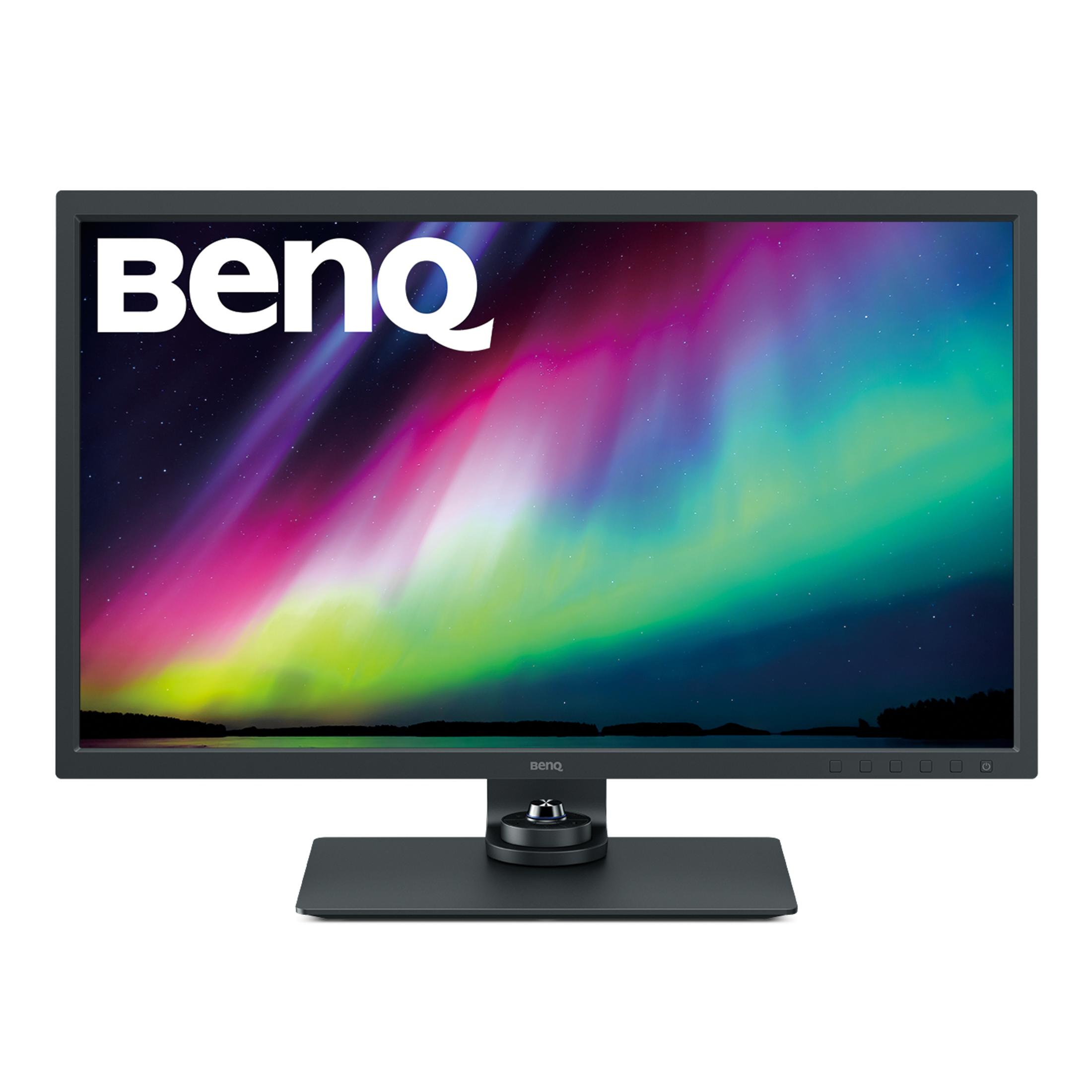 Monitor BenQ z kolorowym tłem i logo BenQ.
