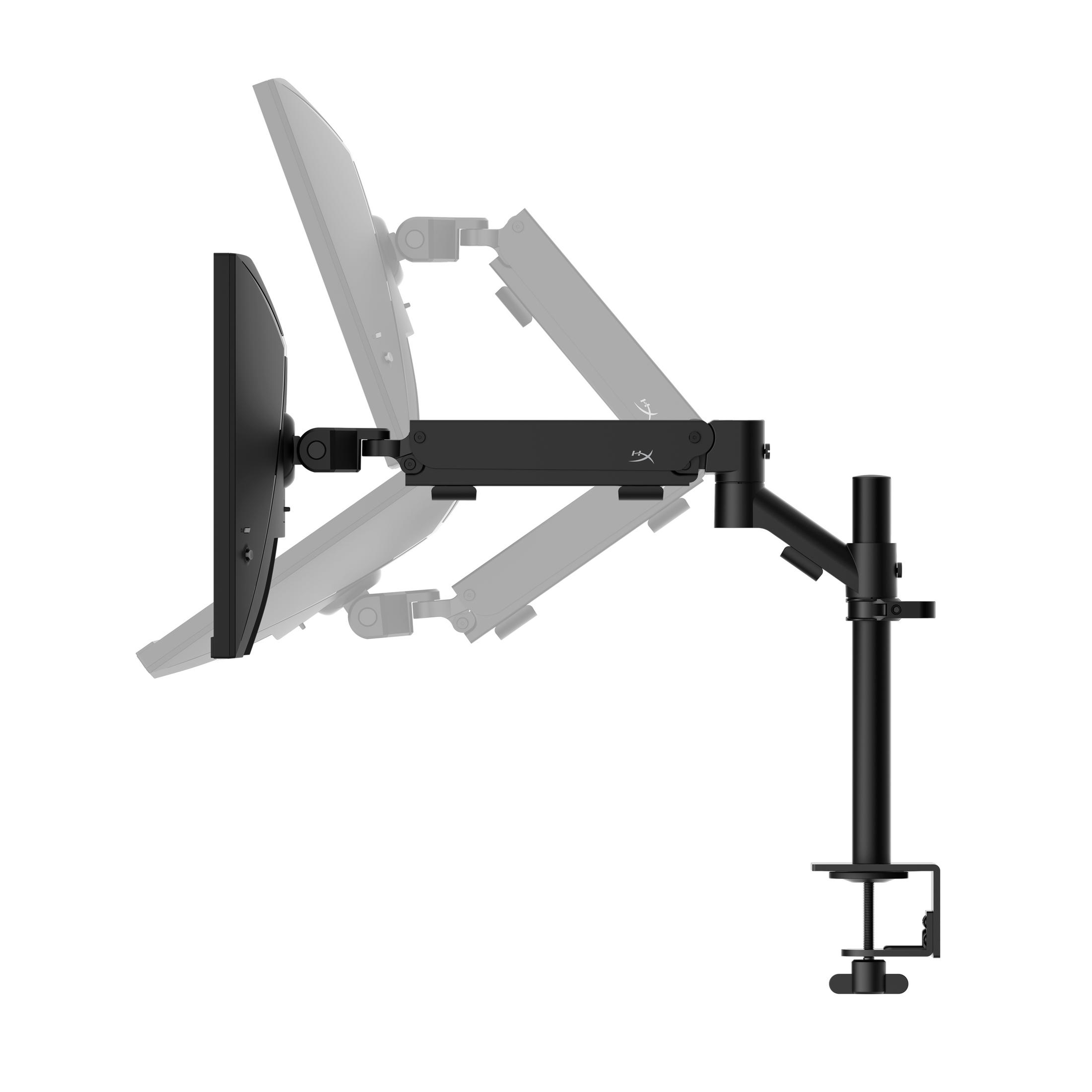 Brazo de monitor negro con monitor adjunto. El brazo es ajustable y está sujeto a un escritorio.
