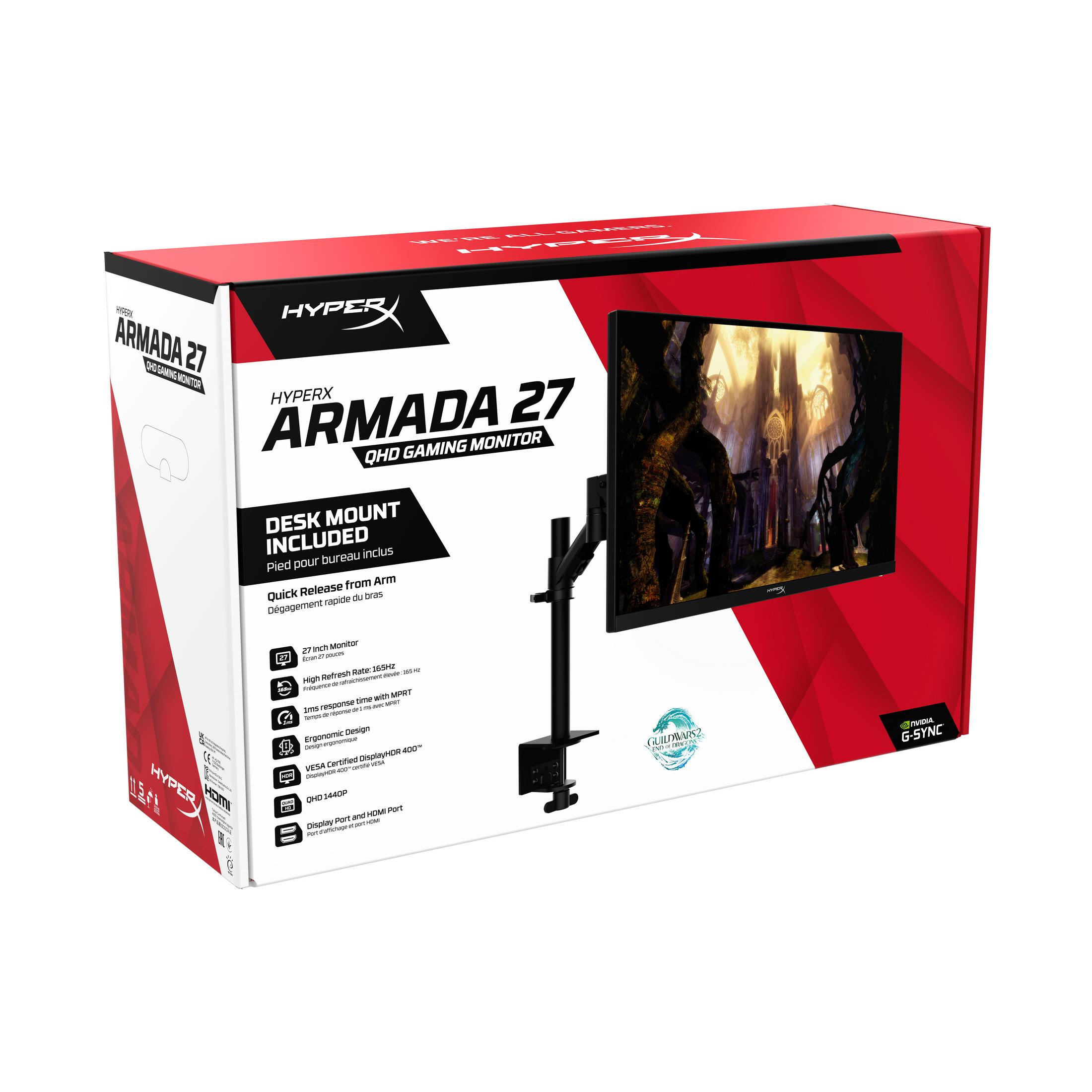 Caja de un monitor gaming, con imágenes del monitor y sus características. Esquema de color rojo y blanco.