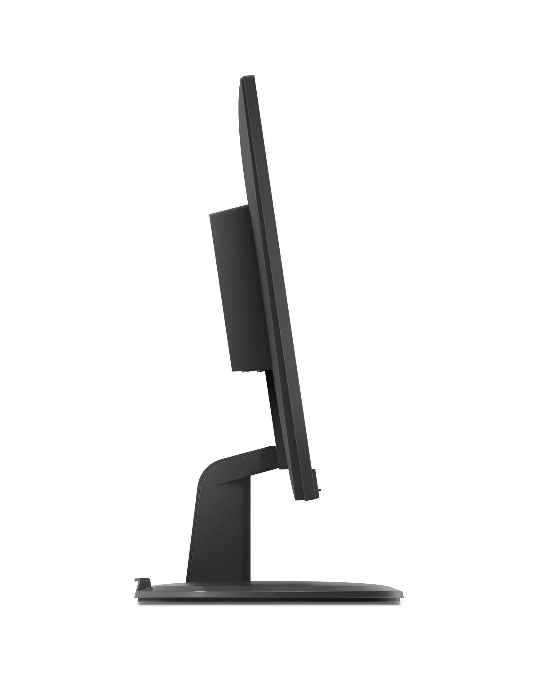 Monitor nero di profilo, con supporto nero e sfondo bianco. Il display è spento.