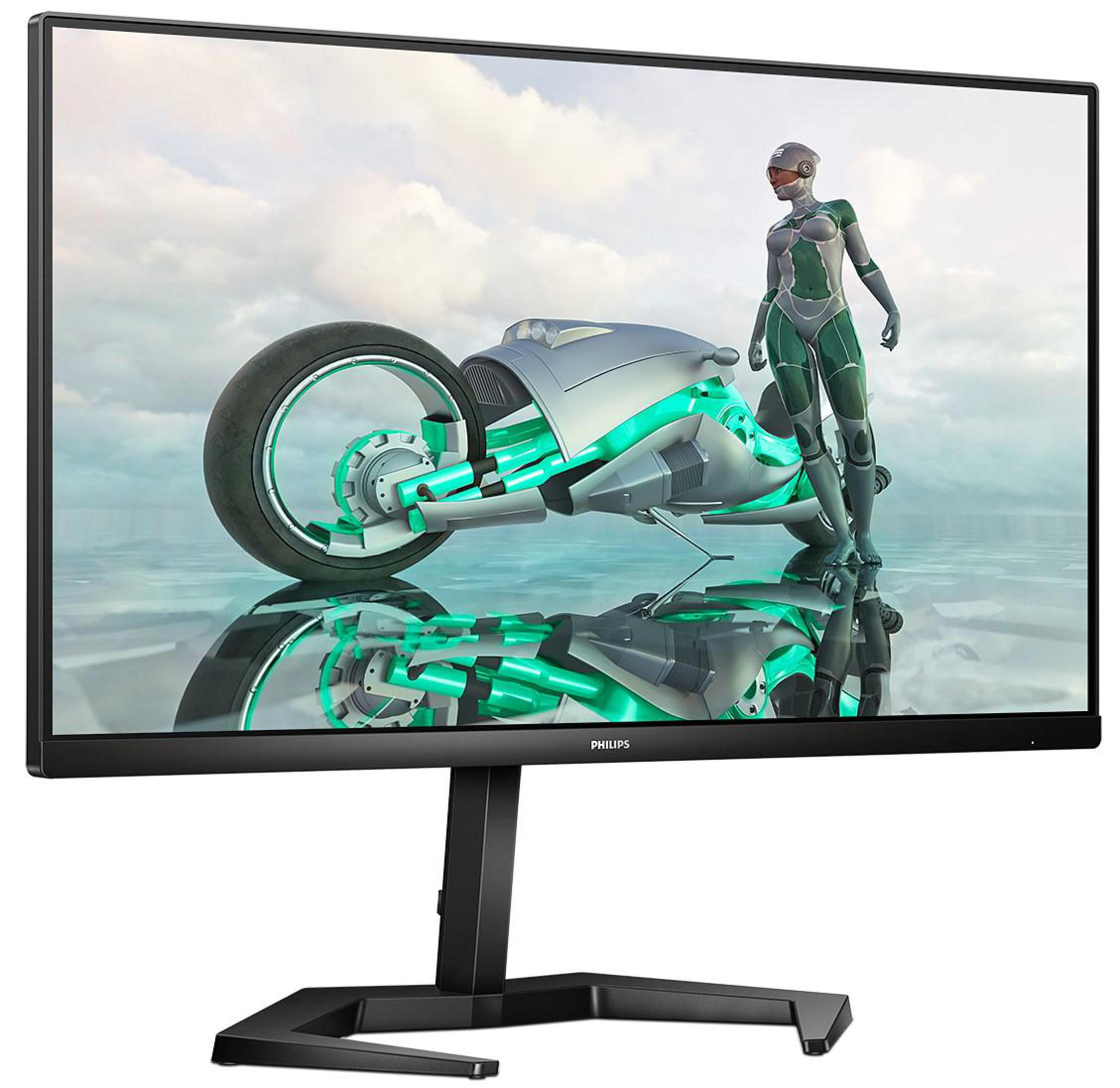 Monitor con una donna futuristica su una moto.