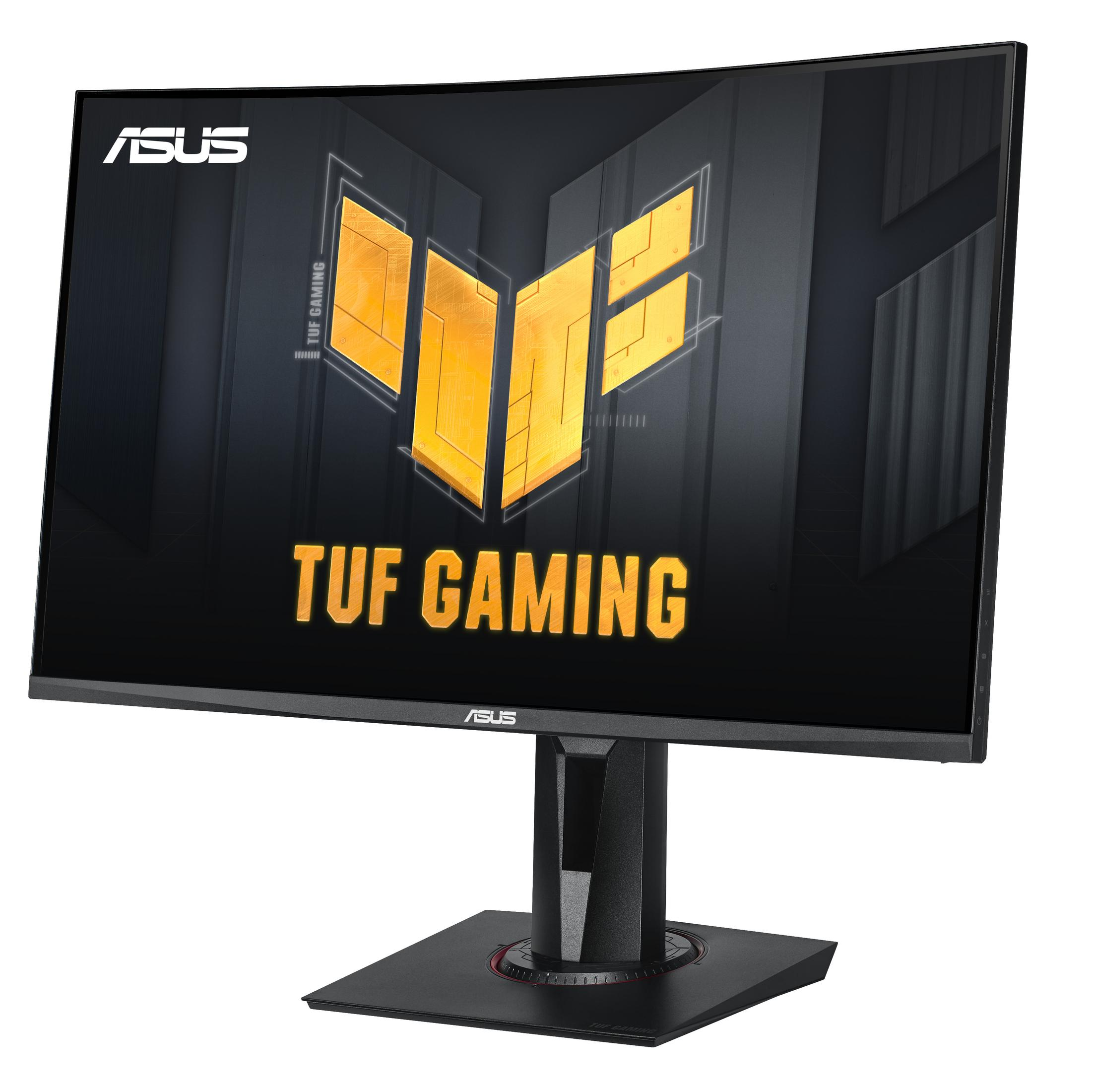 Gebogener ASUS TUF Gaming Monitor mit Logo auf schwarzem Hintergrund, schwarzer Ständer.