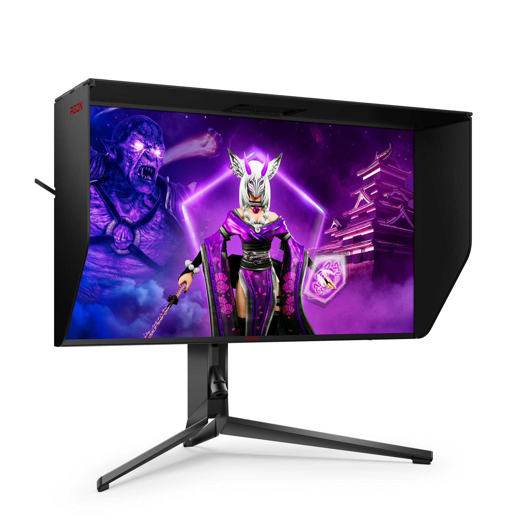Gaming-Monitor zeigt eine Fantasieszene mit einem Charakter und Monstern.