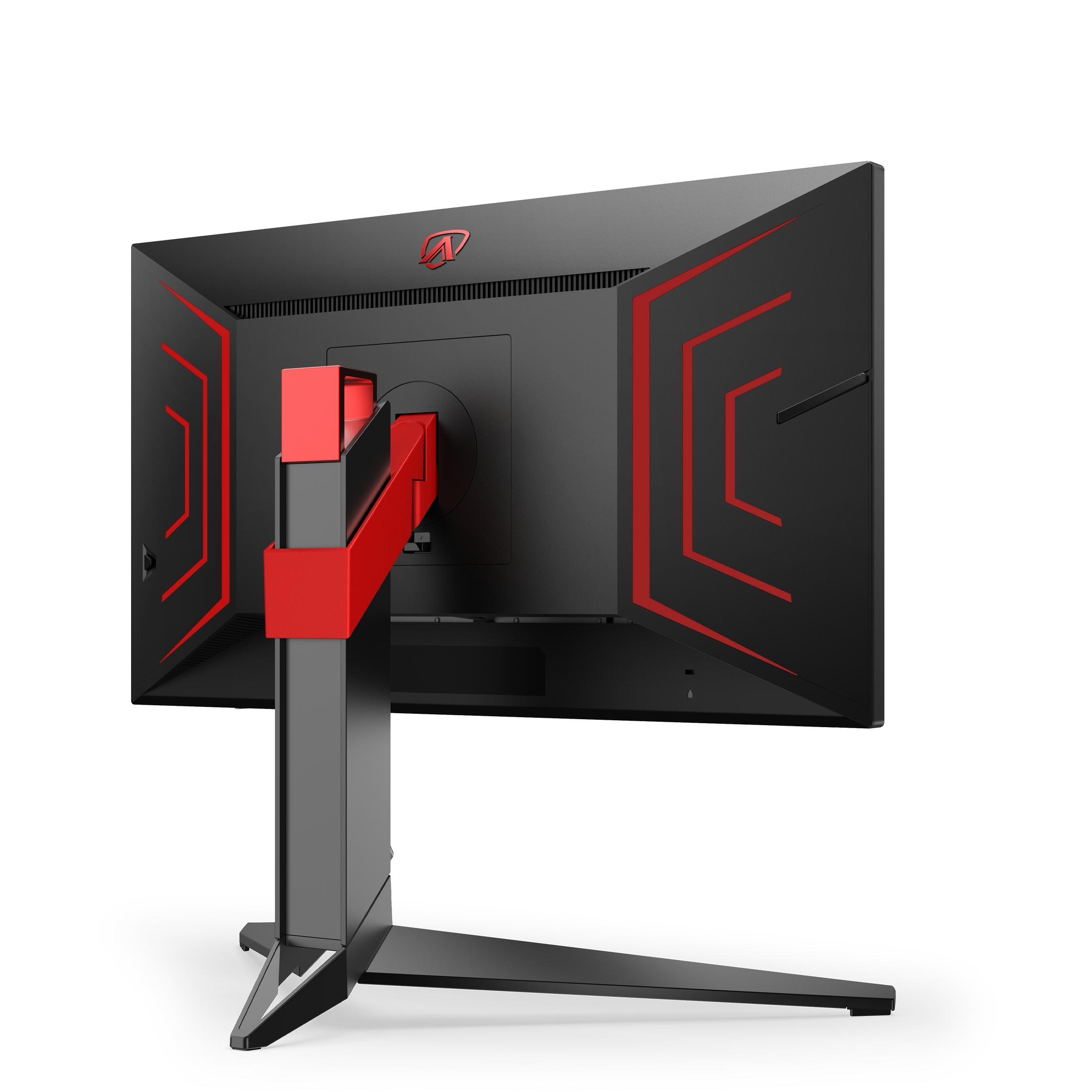 Die Rückseite eines Monitors mit einem rot-schwarzen Design.