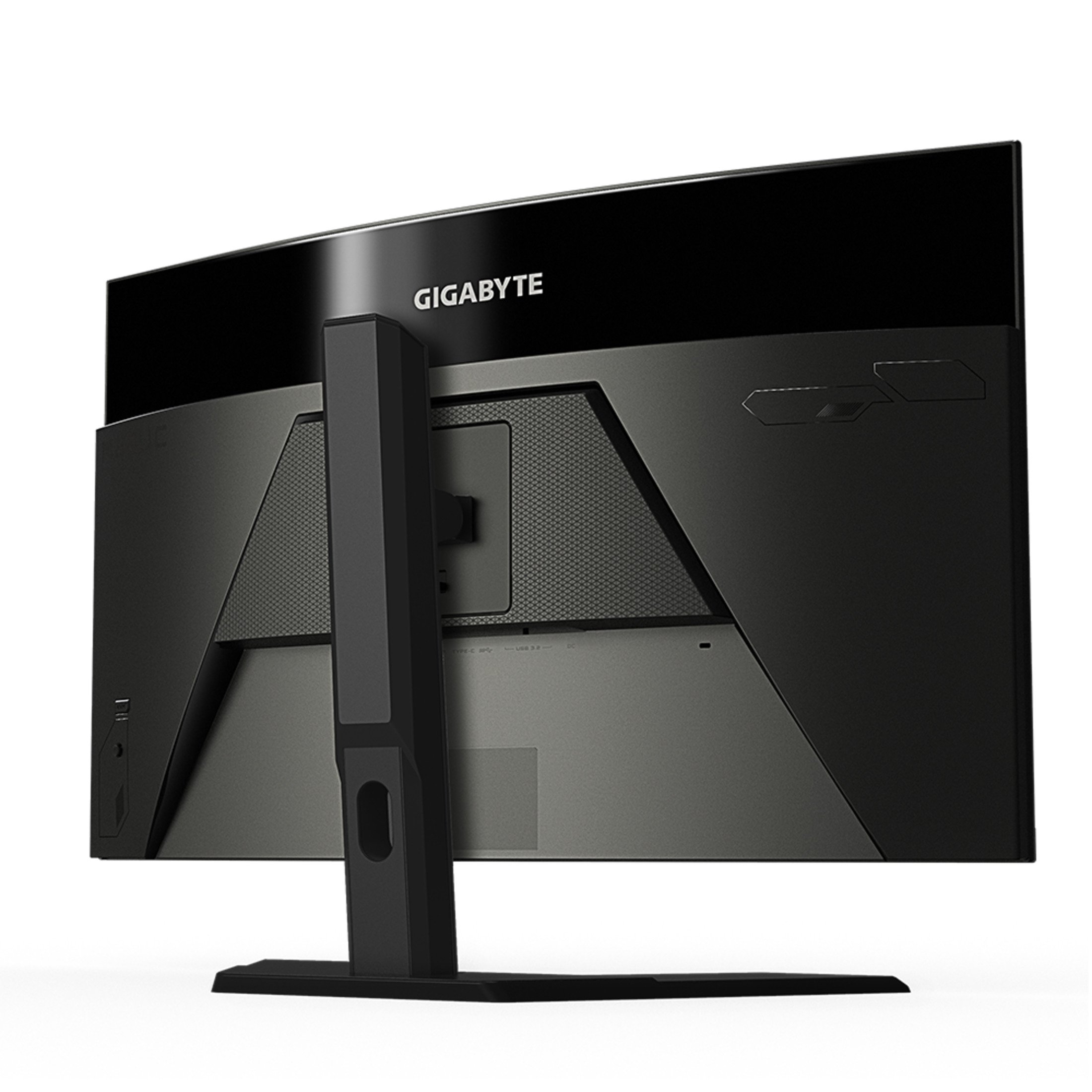 Retro di un monitor curvo nero con il logo GIGABYTE. Il supporto e il retro sono neri.