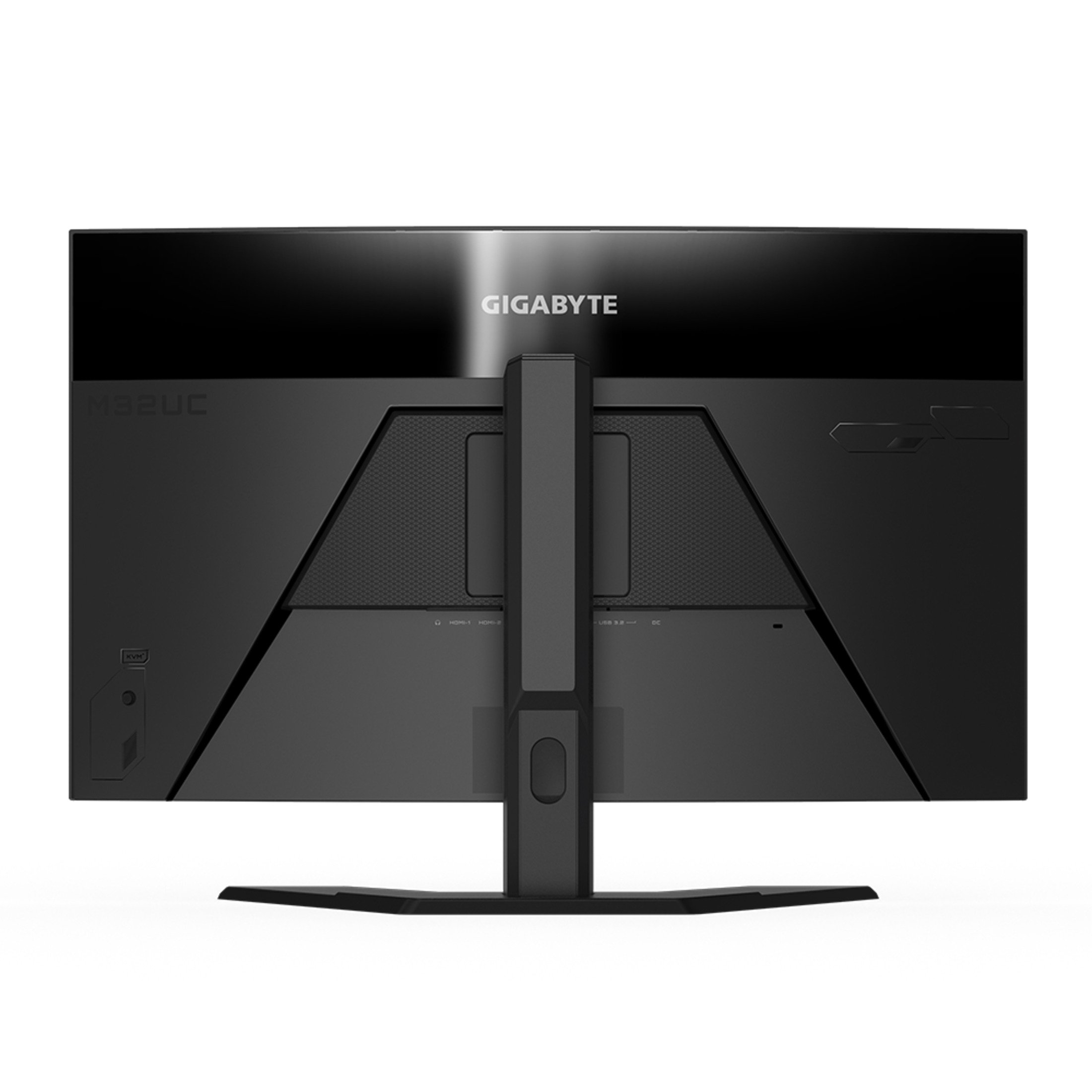 Vista posteriore di un monitor Gigabyte nero, che mostra porte e dettagli del supporto.