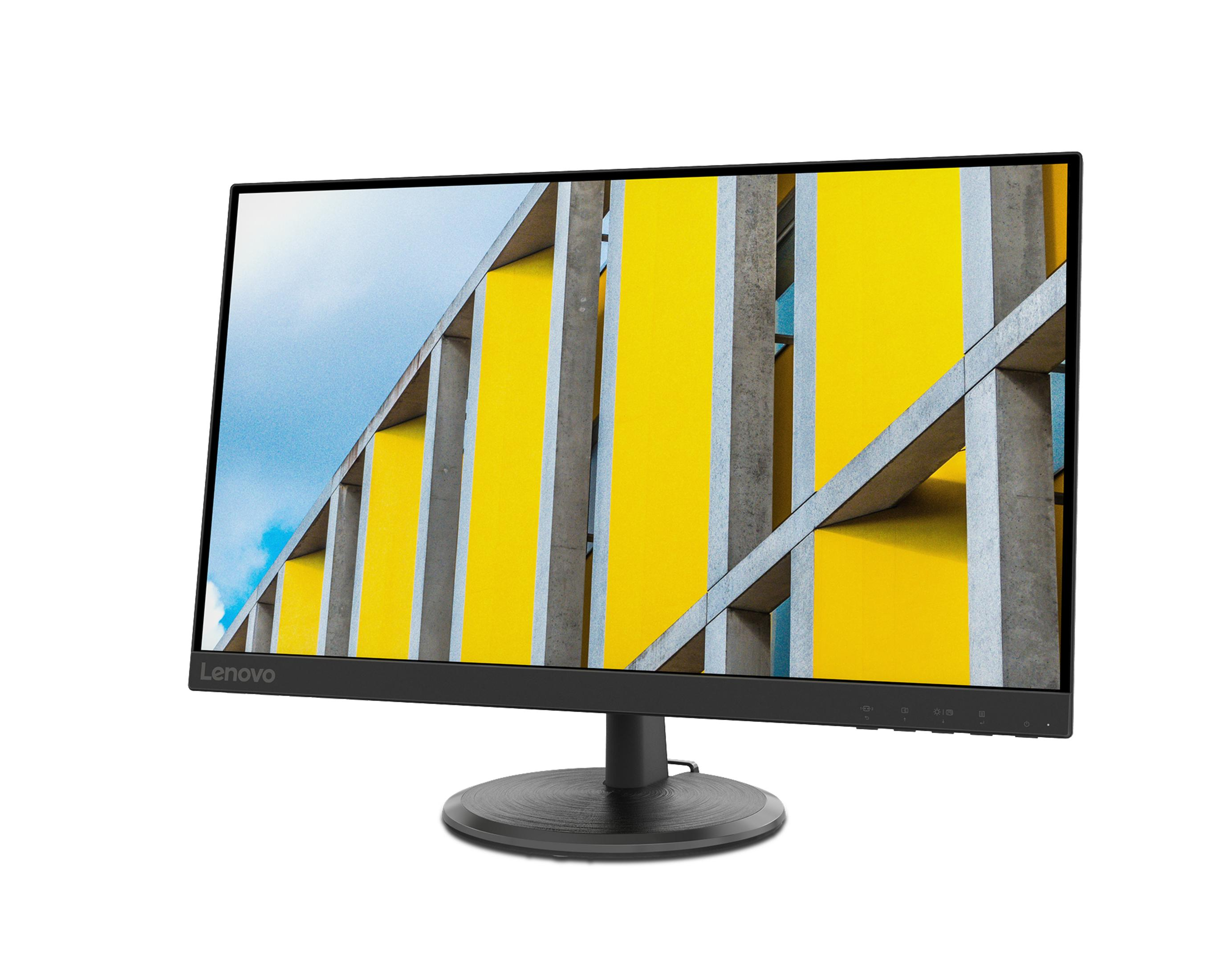 Lenovo-Monitor auf weißem Hintergrund, mit einem Bildschirm, der ein gelbes und blaues abstraktes Muster zeigt.