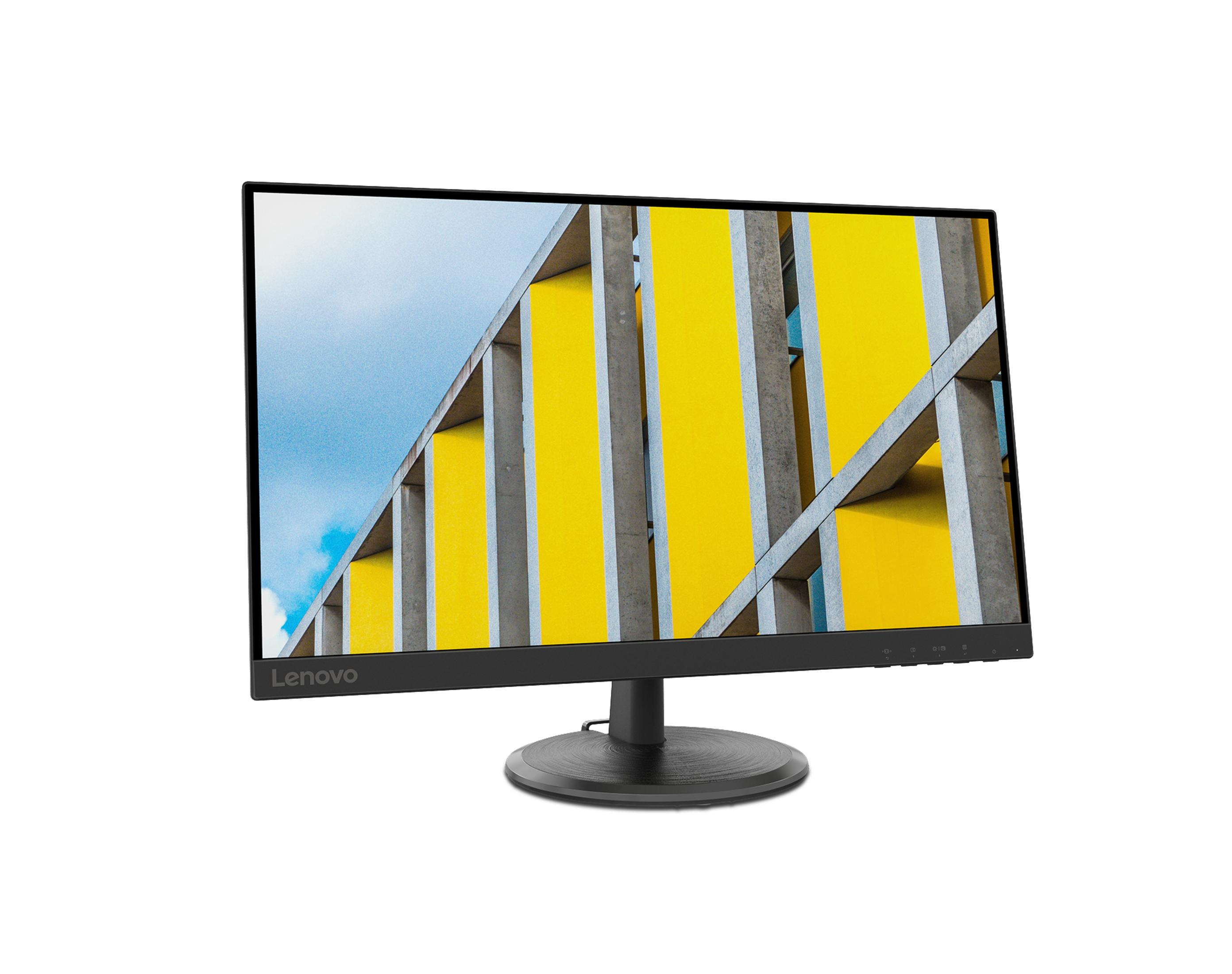 Lenovo-Monitor, der eine Gebäudefassade mit gelben Paneelen anzeigt.