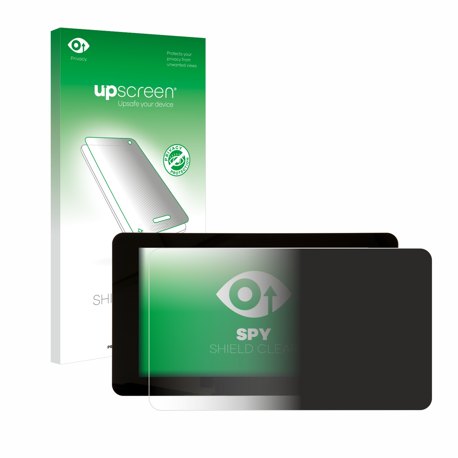 Ein Tablet und Displayschutz. Auf der Box steht 'Privacy'. Der Displayschutz ist schwarz.