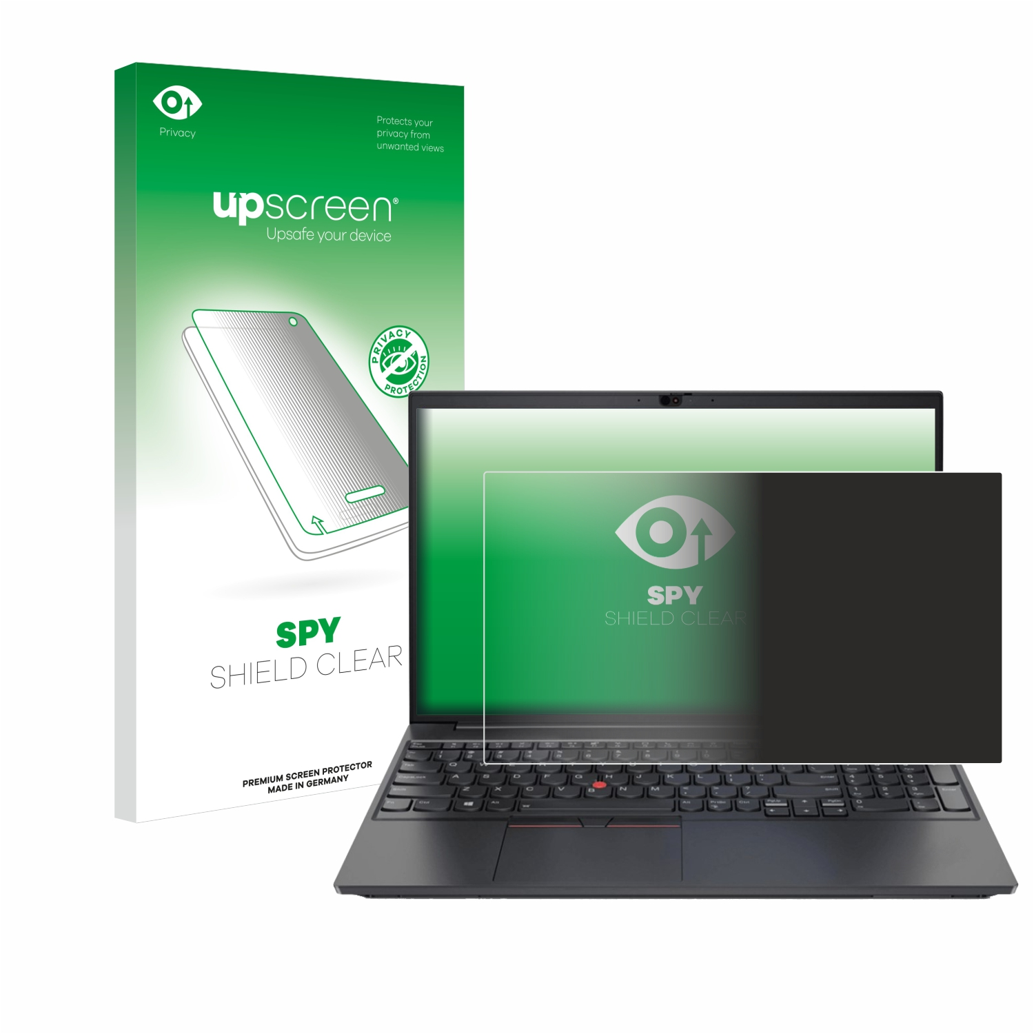Ein Laptop mit angebrachtem Displayschutz. Links eine Schachtel mit einem Bild eines Laptop-Displayschutzes.
