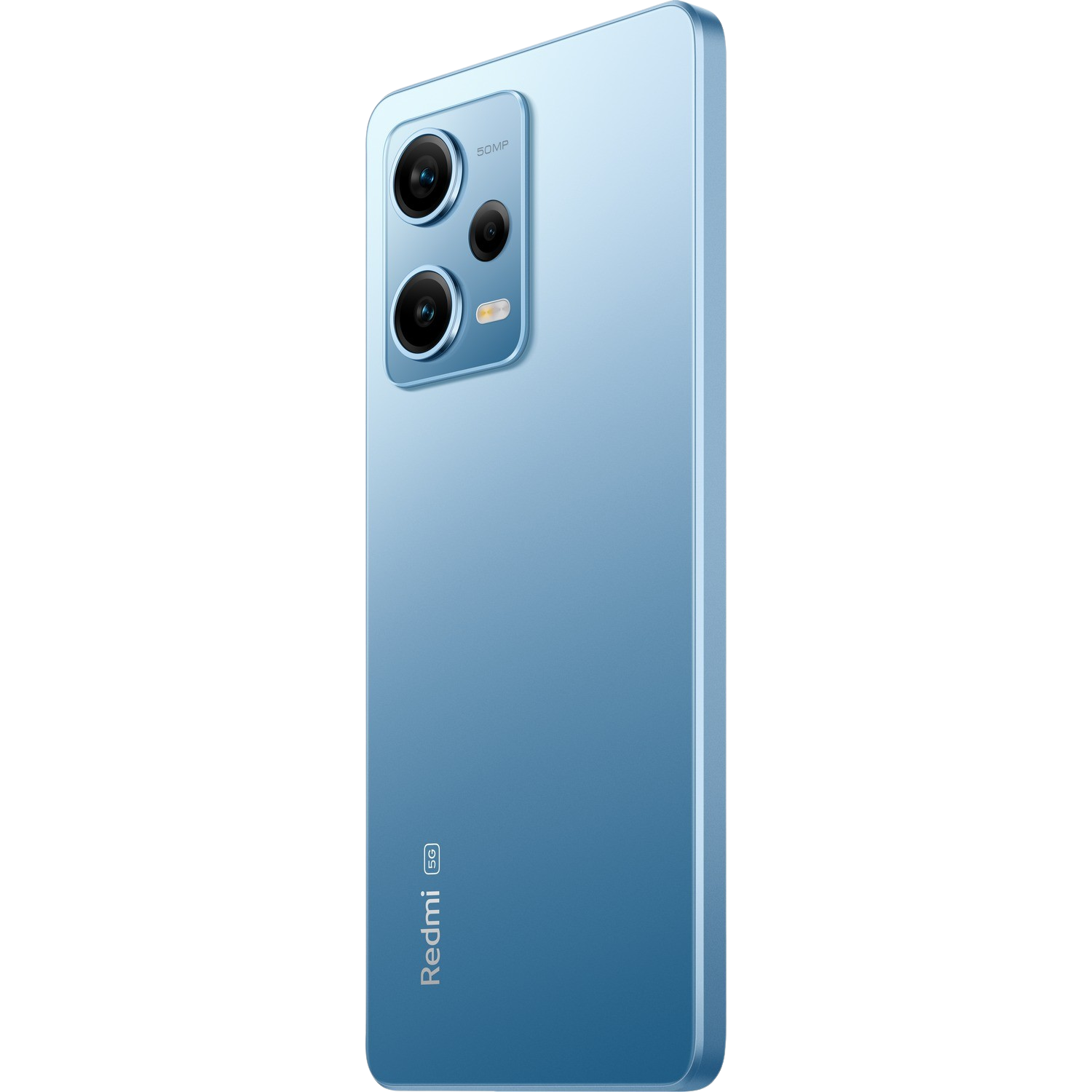 Niebieski telefon komórkowy z wieloma aparatami. Srebrna ramka, czarne tło, widok z boku.