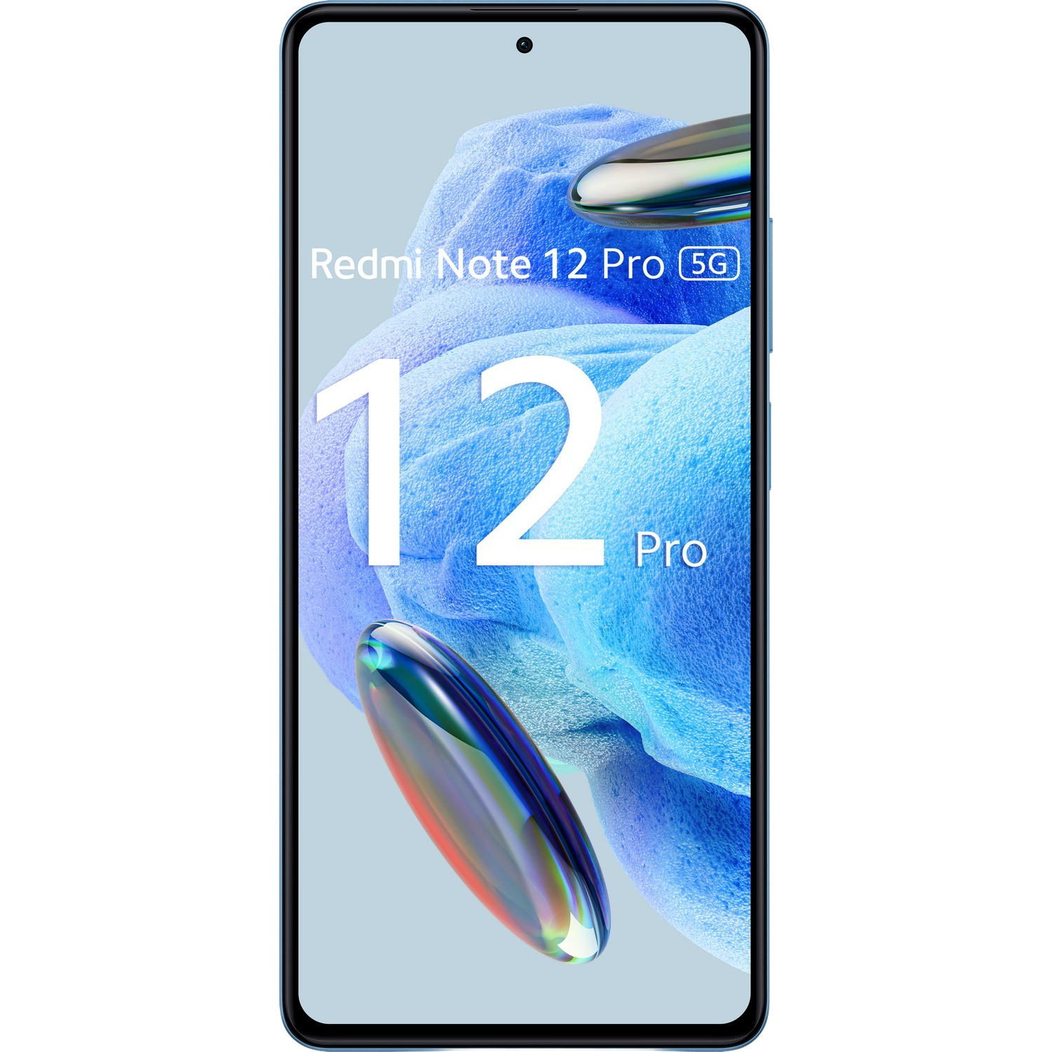 Smartfon z niebieskim tłem. Telefon wyświetla tekst: Redmi Note 12 Pro 5G i numer 12.