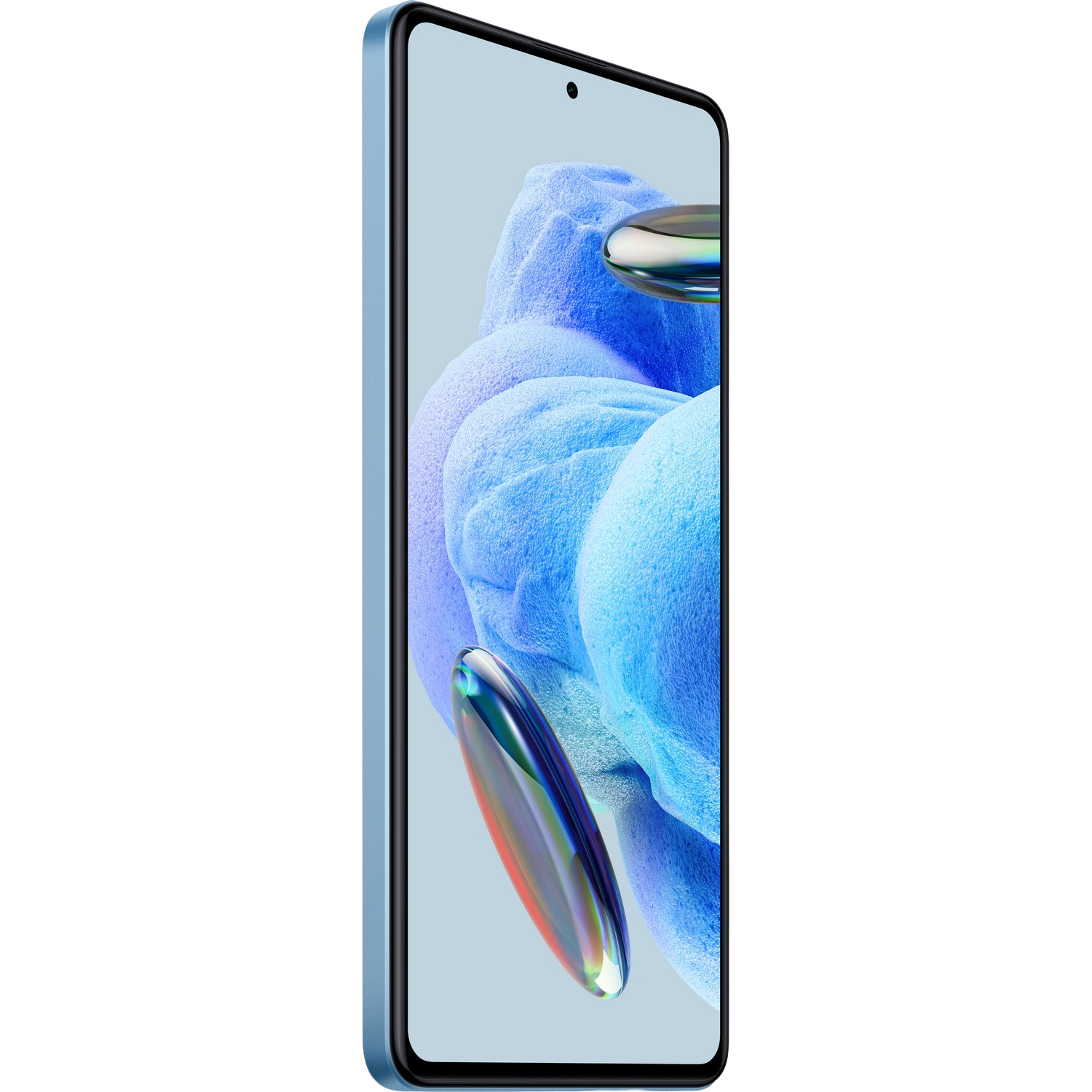 Jasnoniebieski smartfon, wyświetlający kolorowy obraz na ekranie.