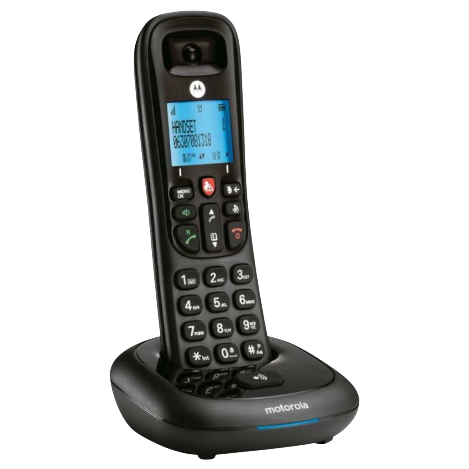 Schwarzes schnurloses Telefon mit Basis. Blaue Anzeige. Motorola-Branding. Weißer Hintergrund.