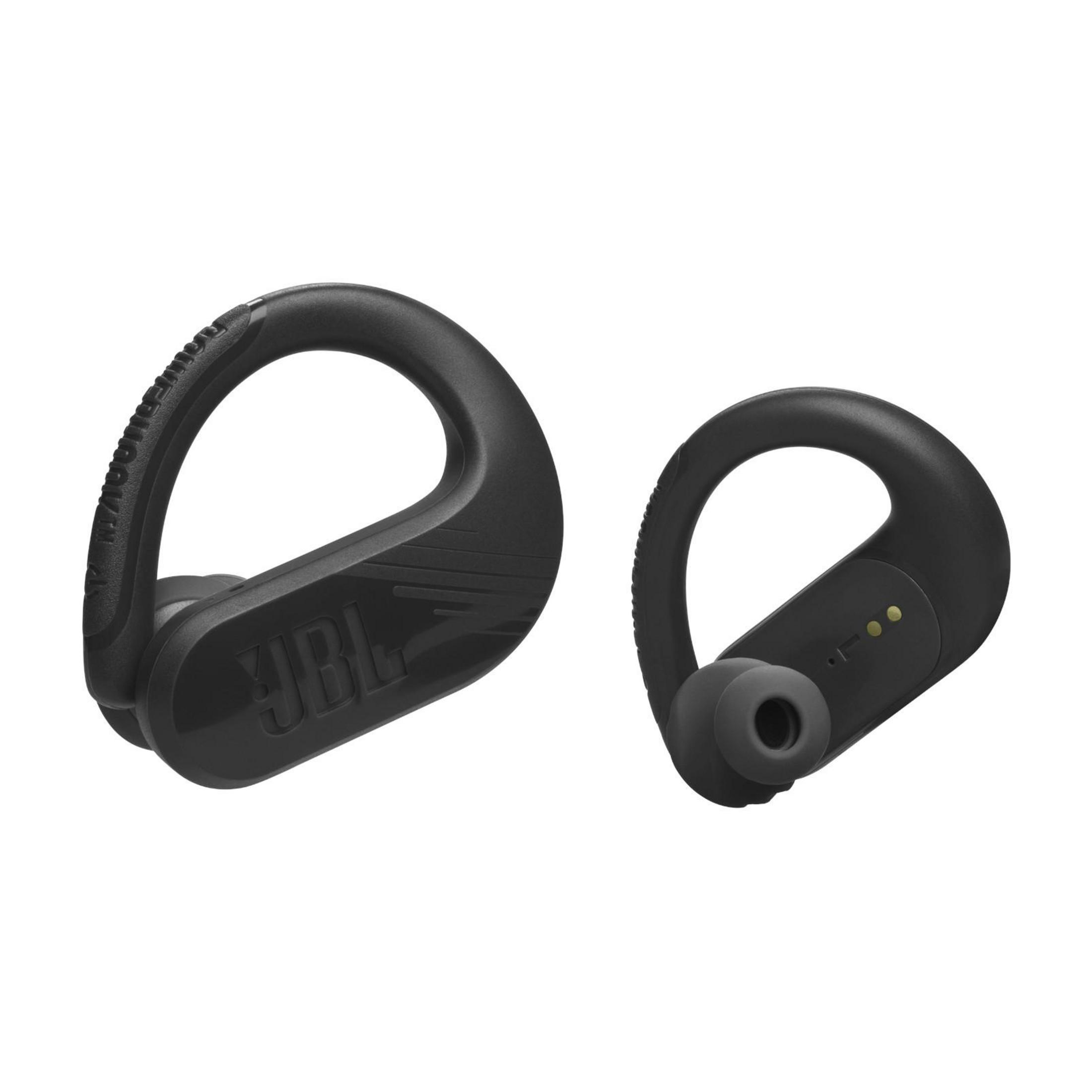 Due auricolari wireless JBL neri. Quello sinistro ha un gancio per l'orecchio.