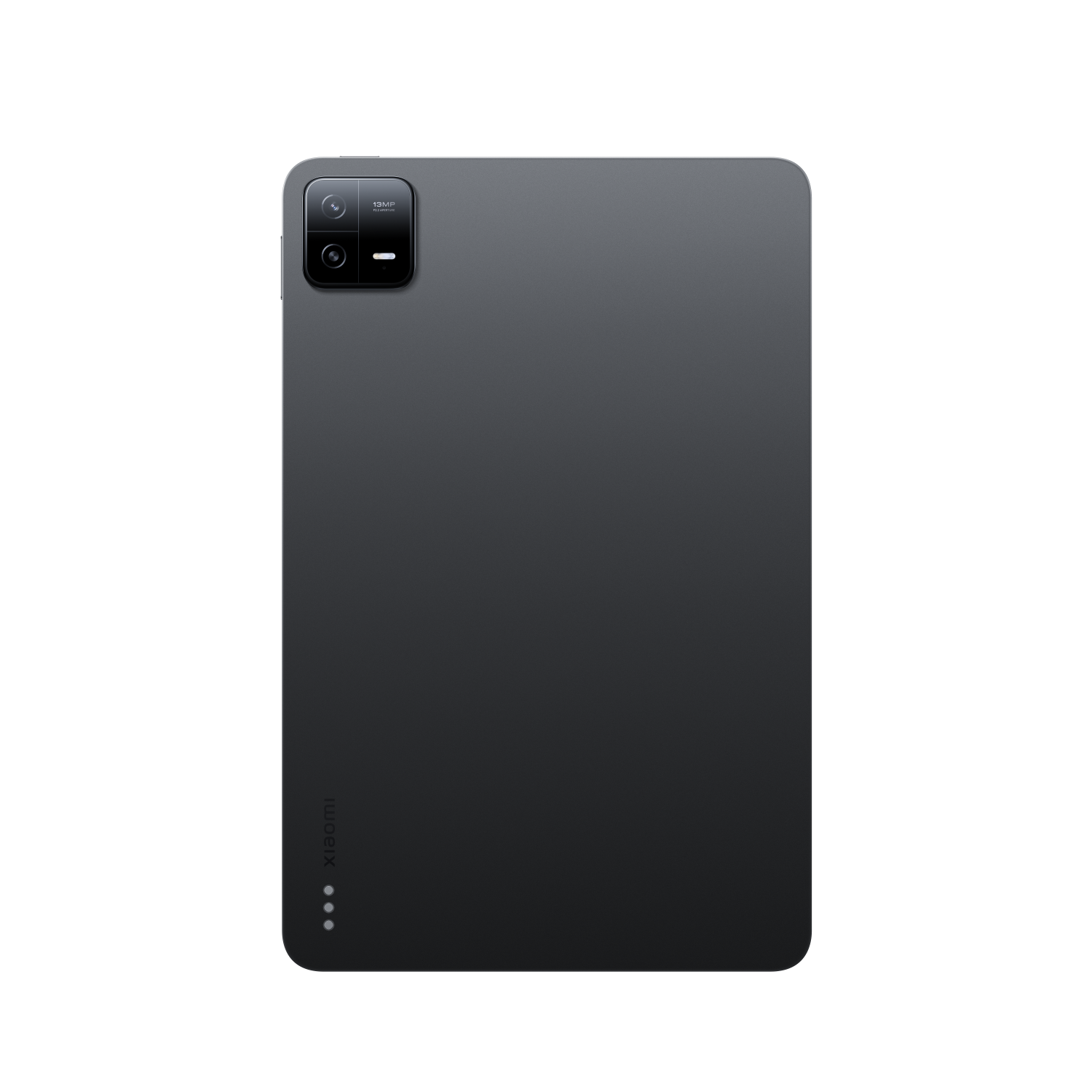 Tył czarnego tabletu z aparatem po lewej u góry. Logo Xiaomi na dole.