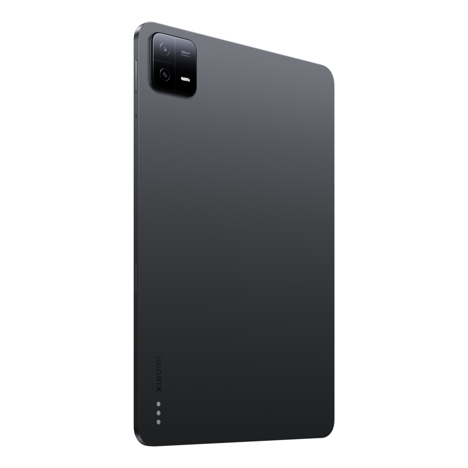 Ciemnoszary tablet z wystającym aparatem. Z tyłu znajduje się logo Xiaomi.