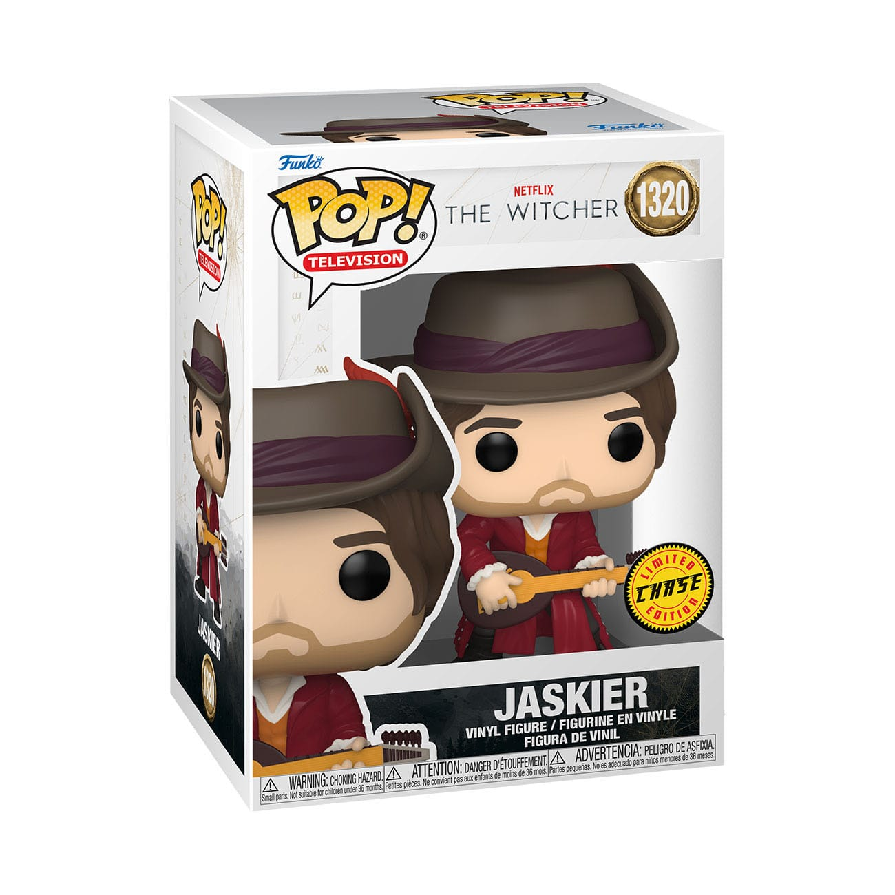 Jaskier Funko Pop! Figur in einer Box. Er hält eine Laute und trägt einen roten Mantel und Hut.