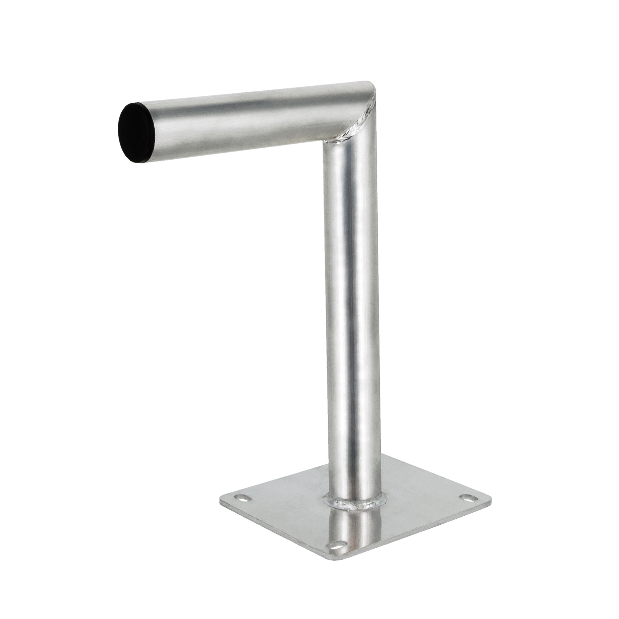 Edelstahlhalterung mit horizontalem Rohr, auf einer Basis montiert. Weißer Hintergrund.