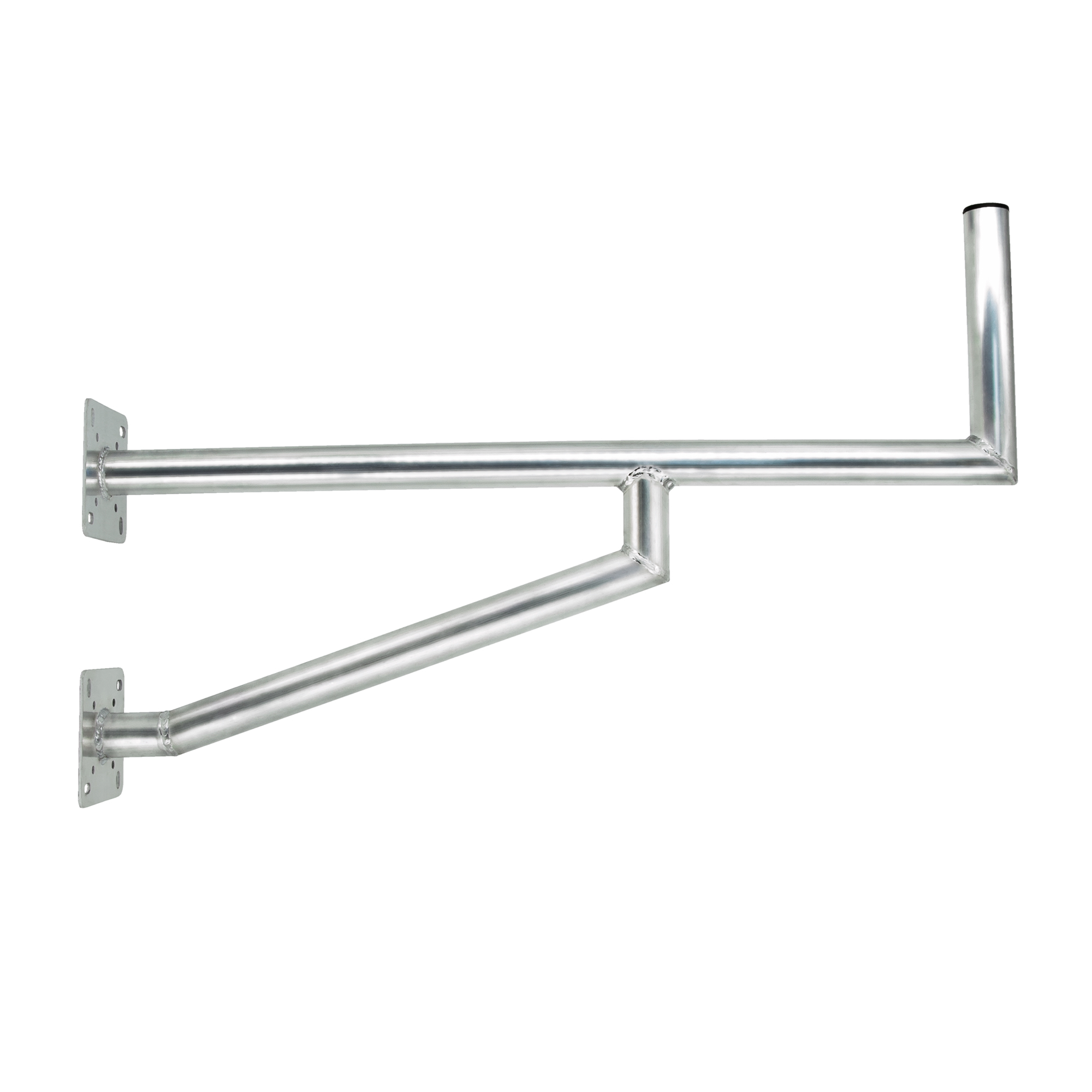 Silberne Antennenhalterung mit zwei Montageplatten und einem langen Arm.