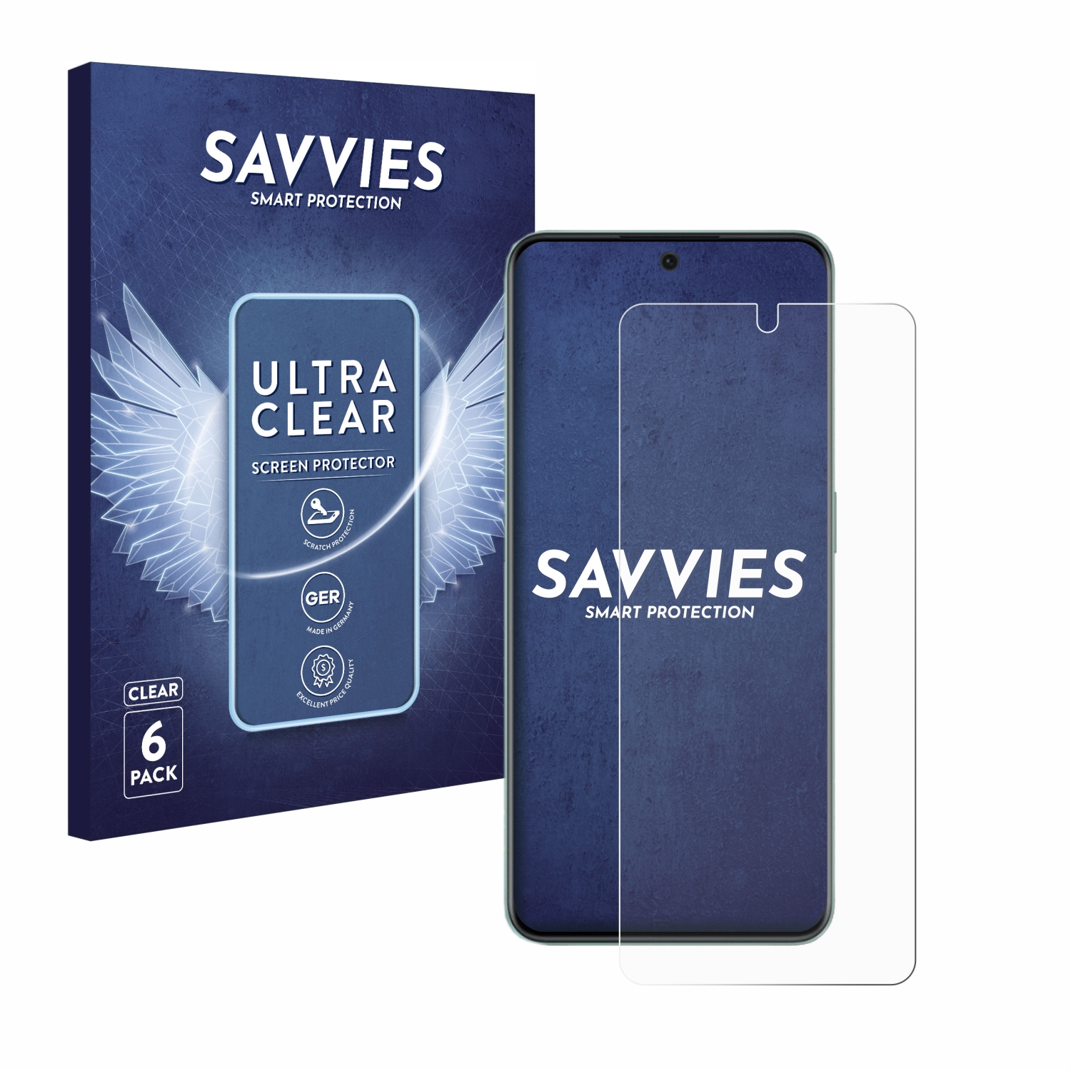 Ein Telefon mit Displayschutz und Verpackung, weißer Hintergrund.