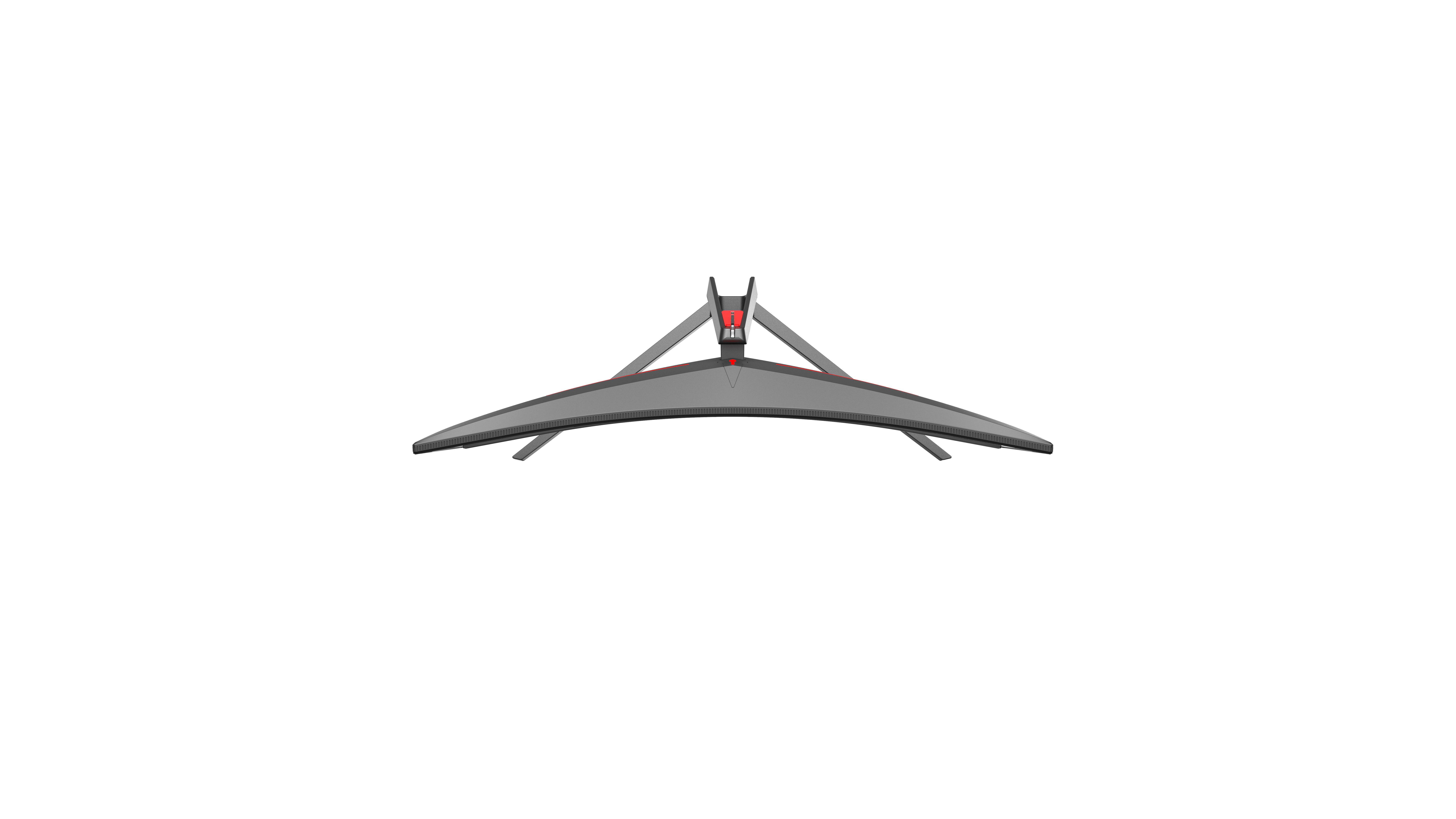 Zakrzywiony monitor komputera, widziany z góry, z czerwonym światłem i czarnym tłem.