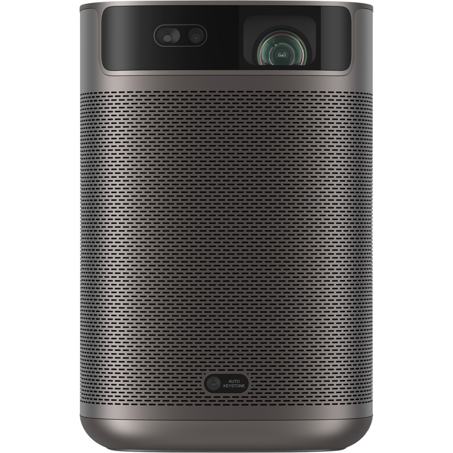 Un projecteur cylindrique gris avec grille de haut-parleur et lentille en haut. Bouton de correction automatique visible.