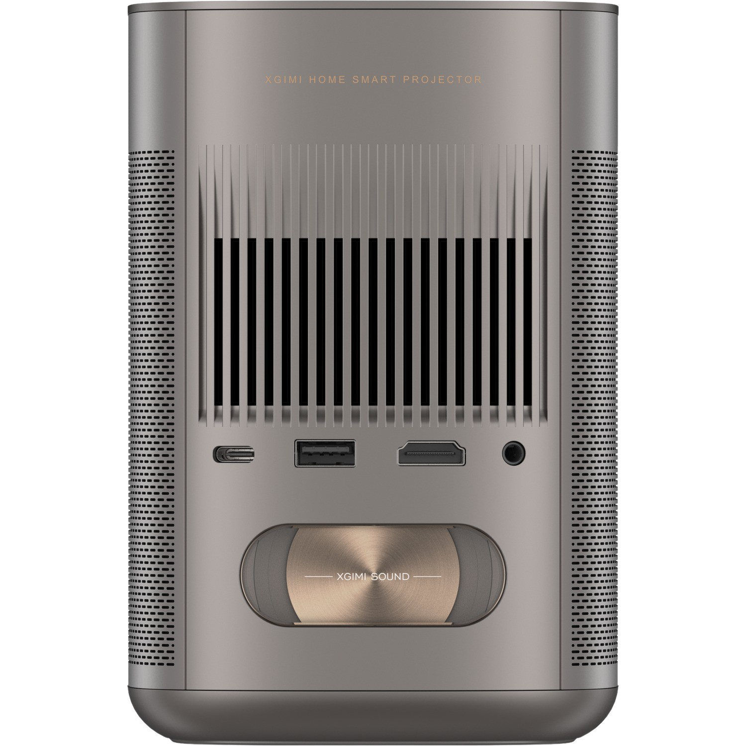 Projecteur gris et noir avec plusieurs ports d'entrée et un haut-parleur.