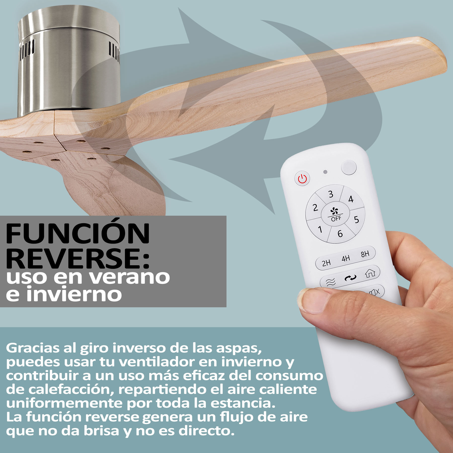Ventilador de techo con aspas de madera y mando a distancia. Texto en español.
