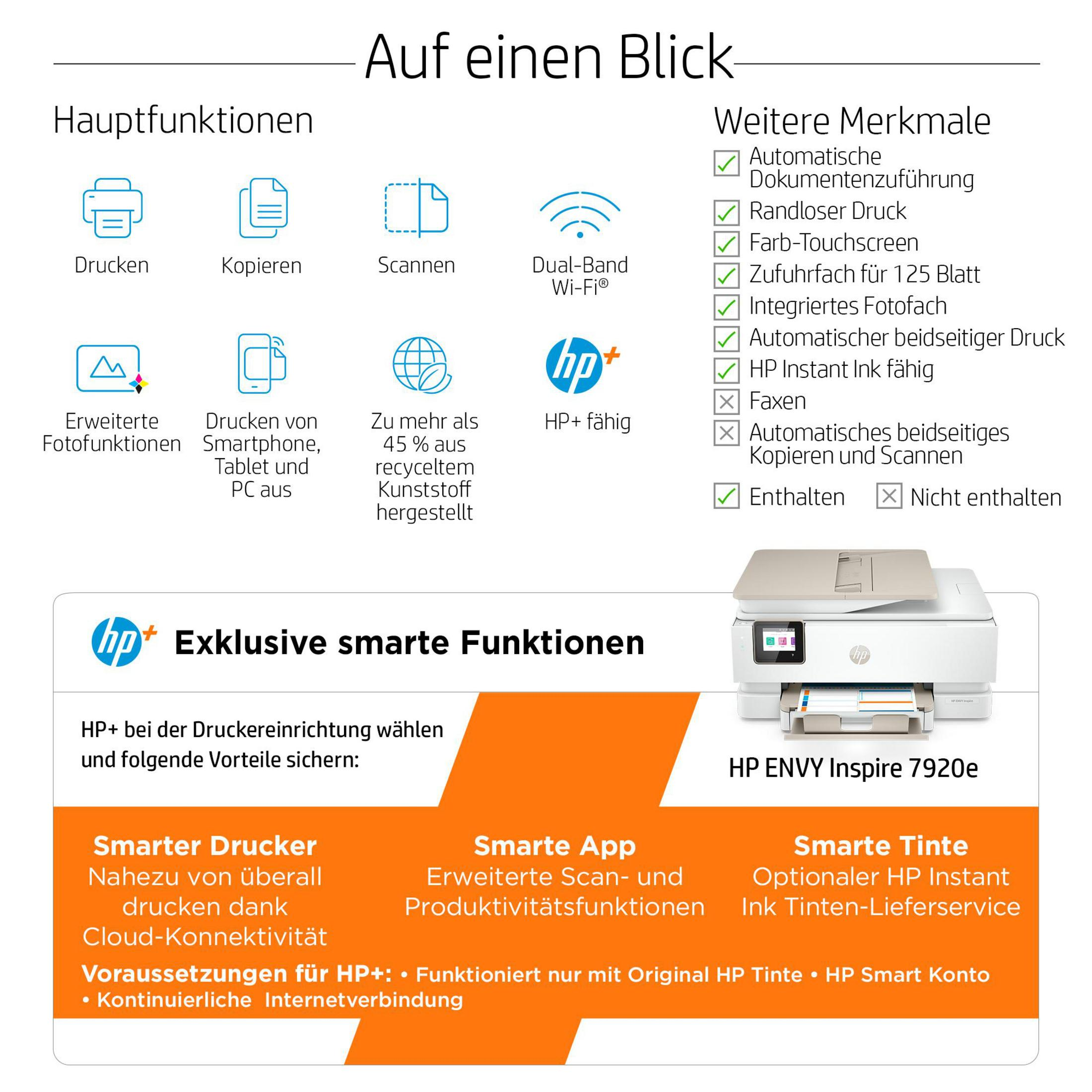Ein HP-Drucker zeigt Symbole und Text, die seine Funktionen und Merkmale beschreiben.