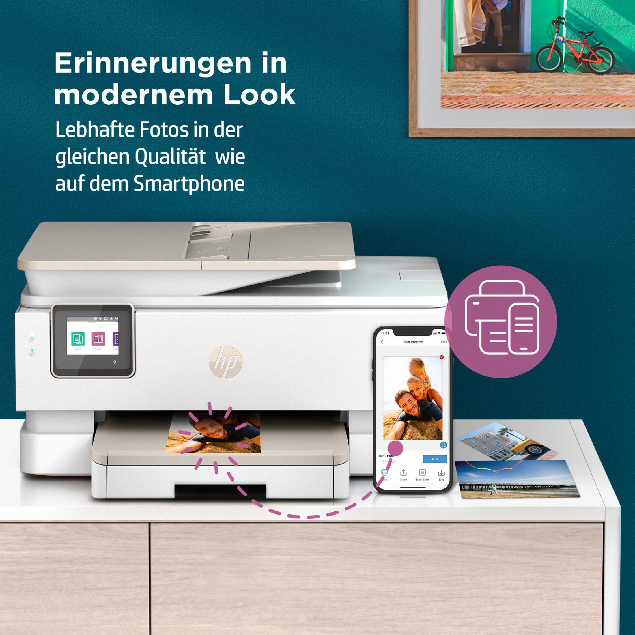 Ein Drucker, ein Smartphone und ein Telefon mit Foto. Text: 'Erinnerungen in modernem Look'.