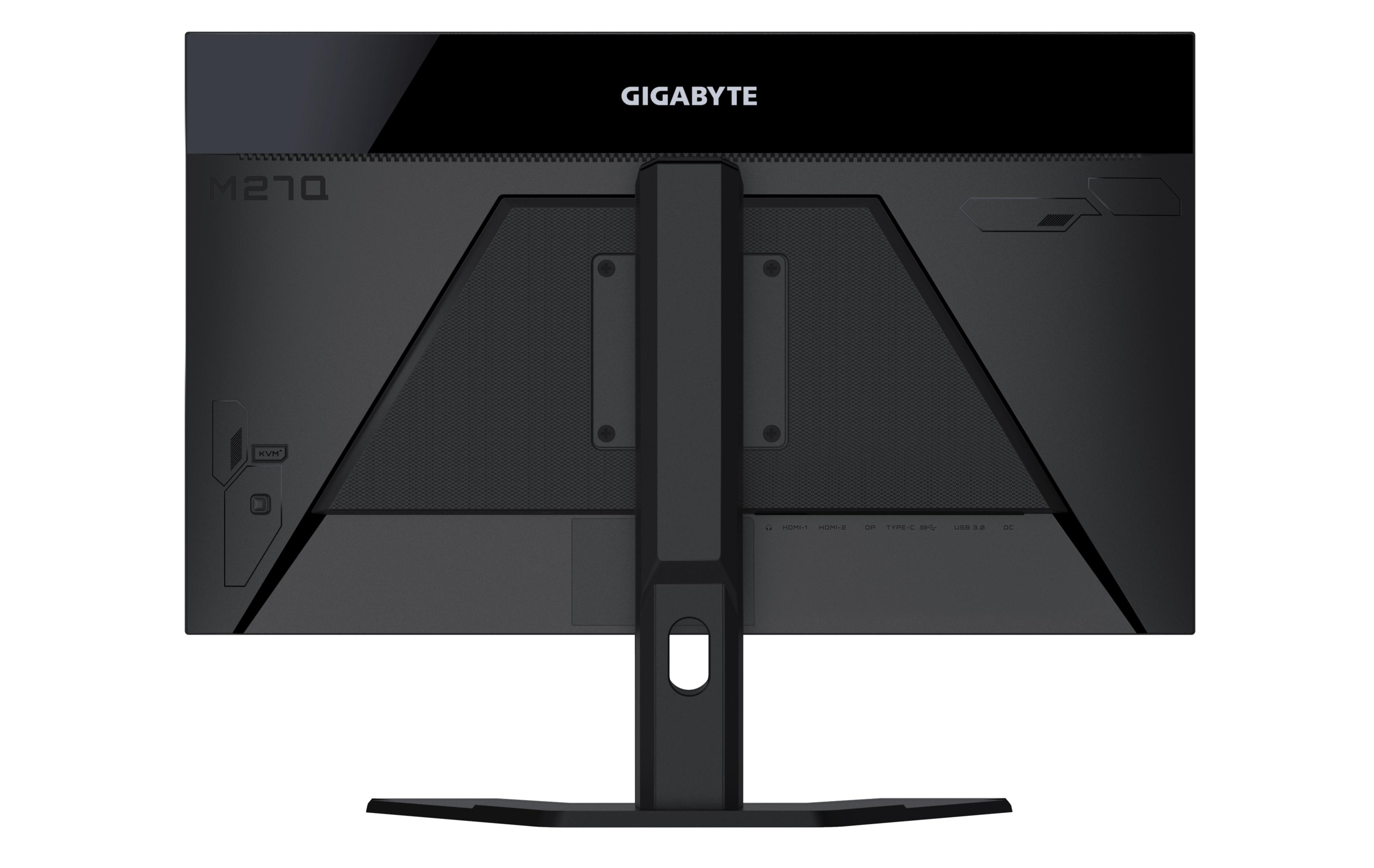Tył czarnego monitora GIGABYTE z portami i podstawką.