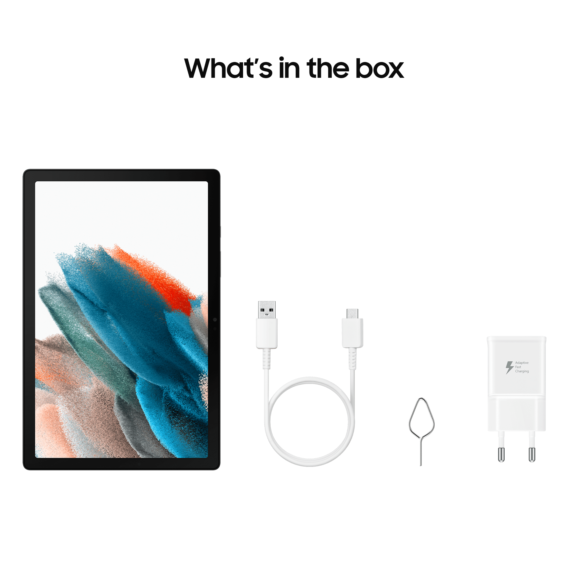 Tablet, Ladegerät, Kabel und SIM-Tool. Artikel auf schwarzem Hintergrund.
