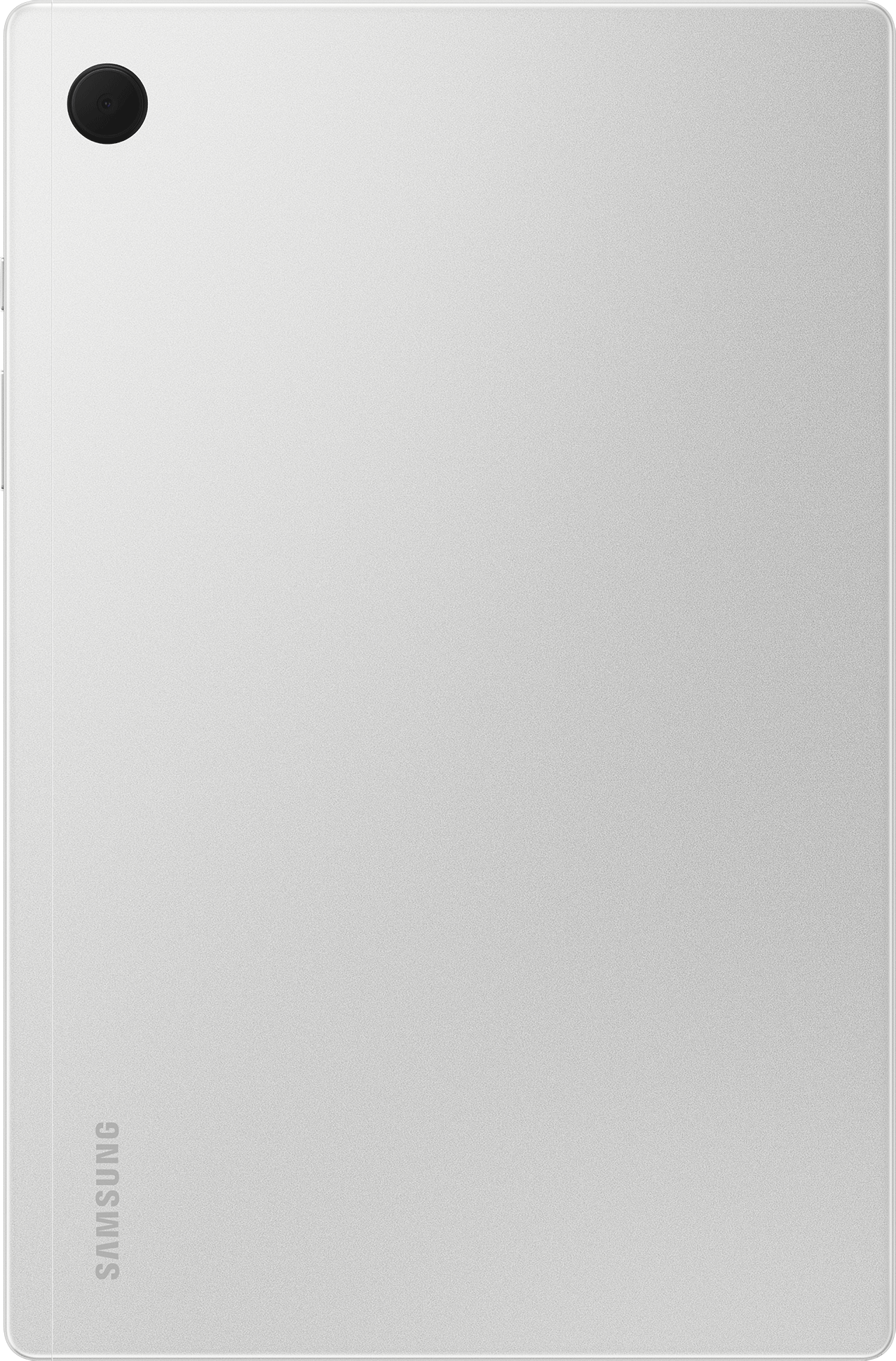 Die Rückseite eines weißen Tablets mit einer einzelnen Kameralinse in der oberen linken Ecke und dem Samsung-Logo.