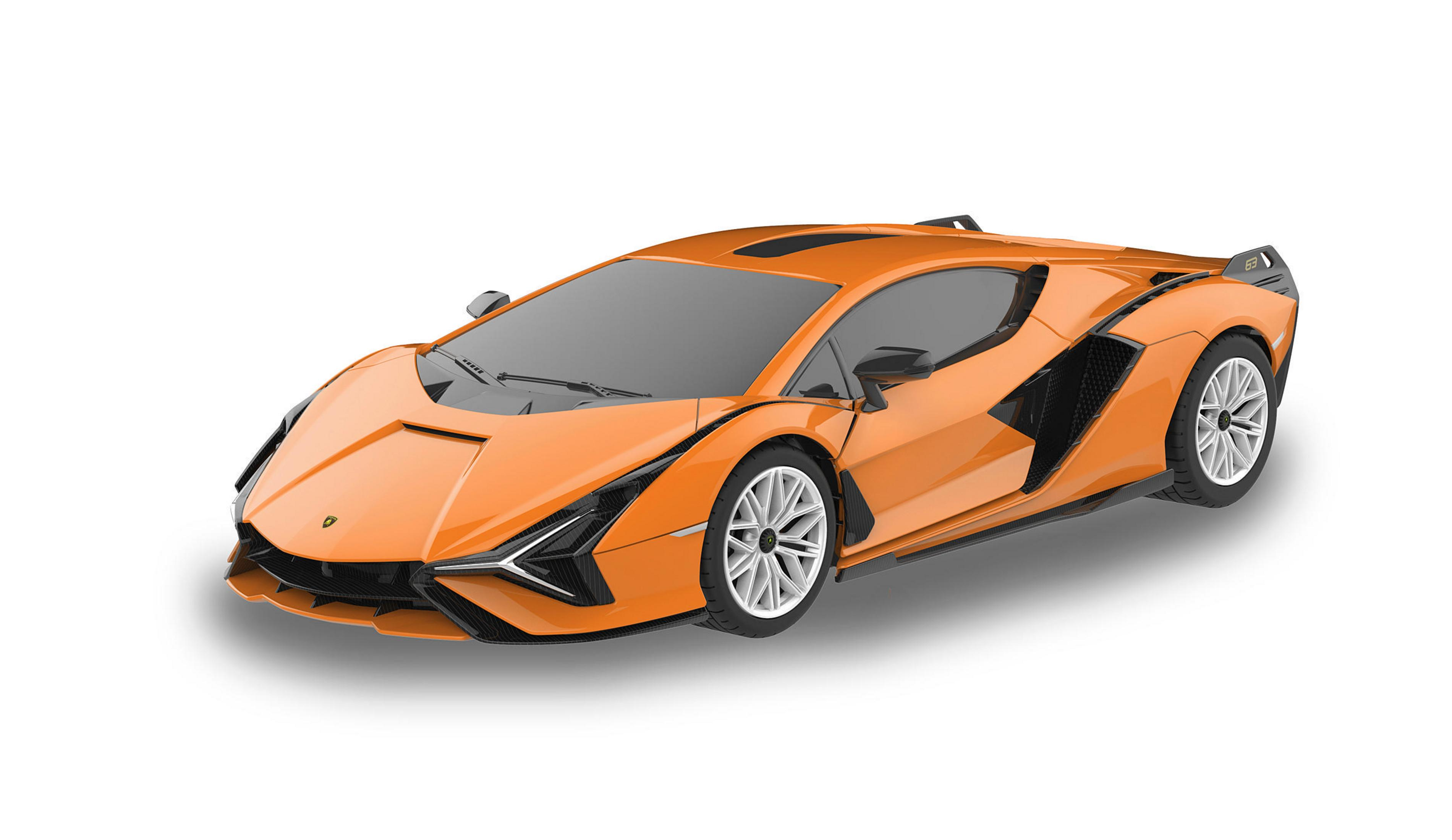 Orangener Lamborghini Sián auf weißem Hintergrund, von der Seite angewinkelt.