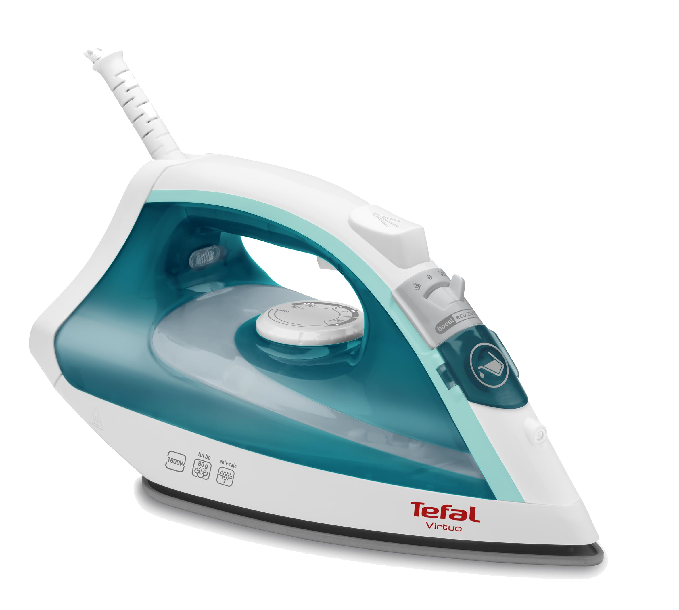 Białe i turkusowe żelazko. Ma spiczasty koniec z panelem sterowania.