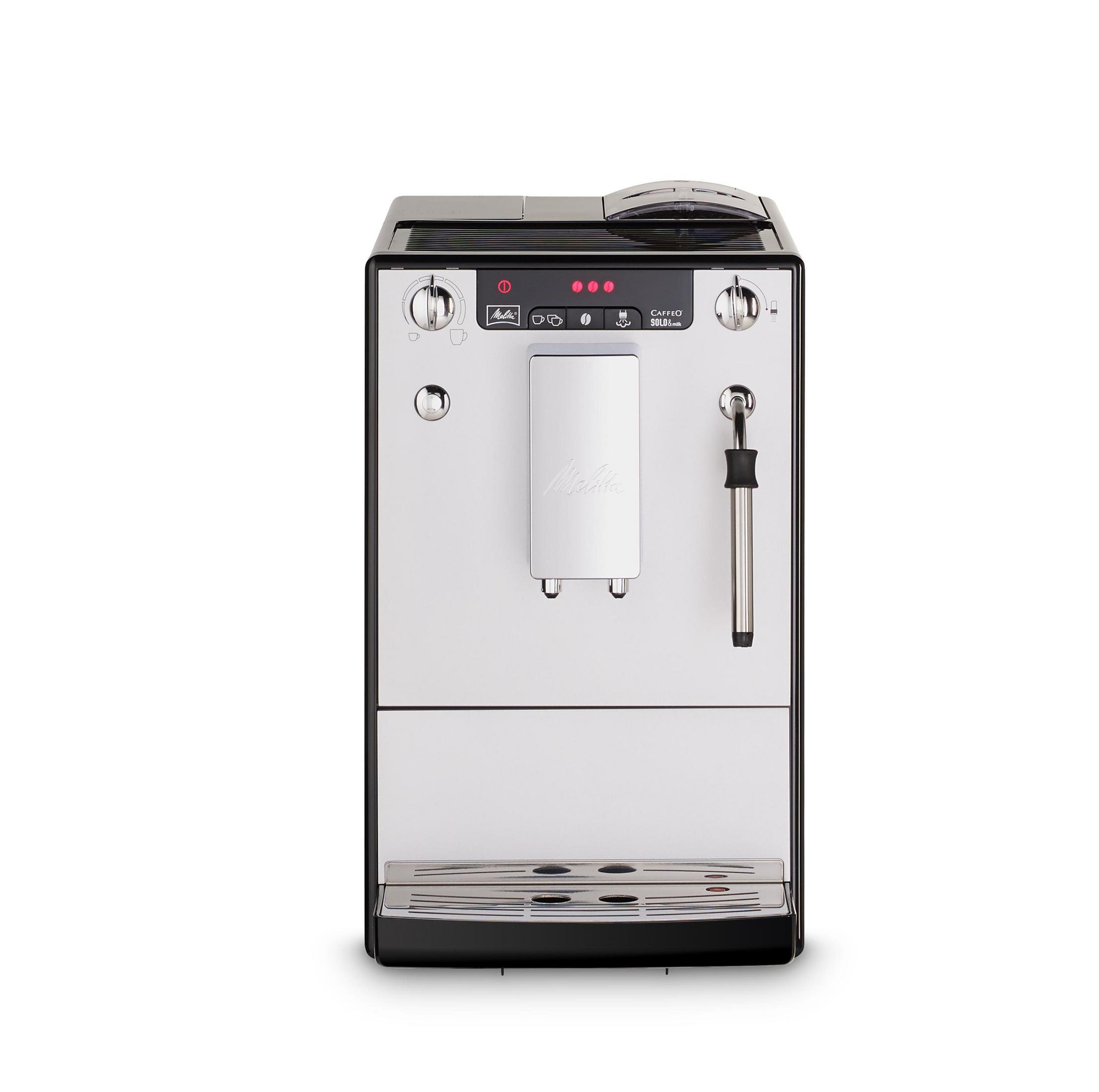 Eine Kaffeemaschine mit Melitta-Logo. Sie ist schwarz-weiß mit Chromakzenten.