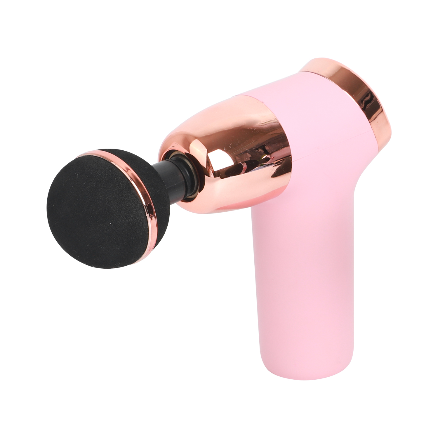 Eine rosa und roségoldene Massagepistole. Sie hat einen schwarzen Massagekopf.