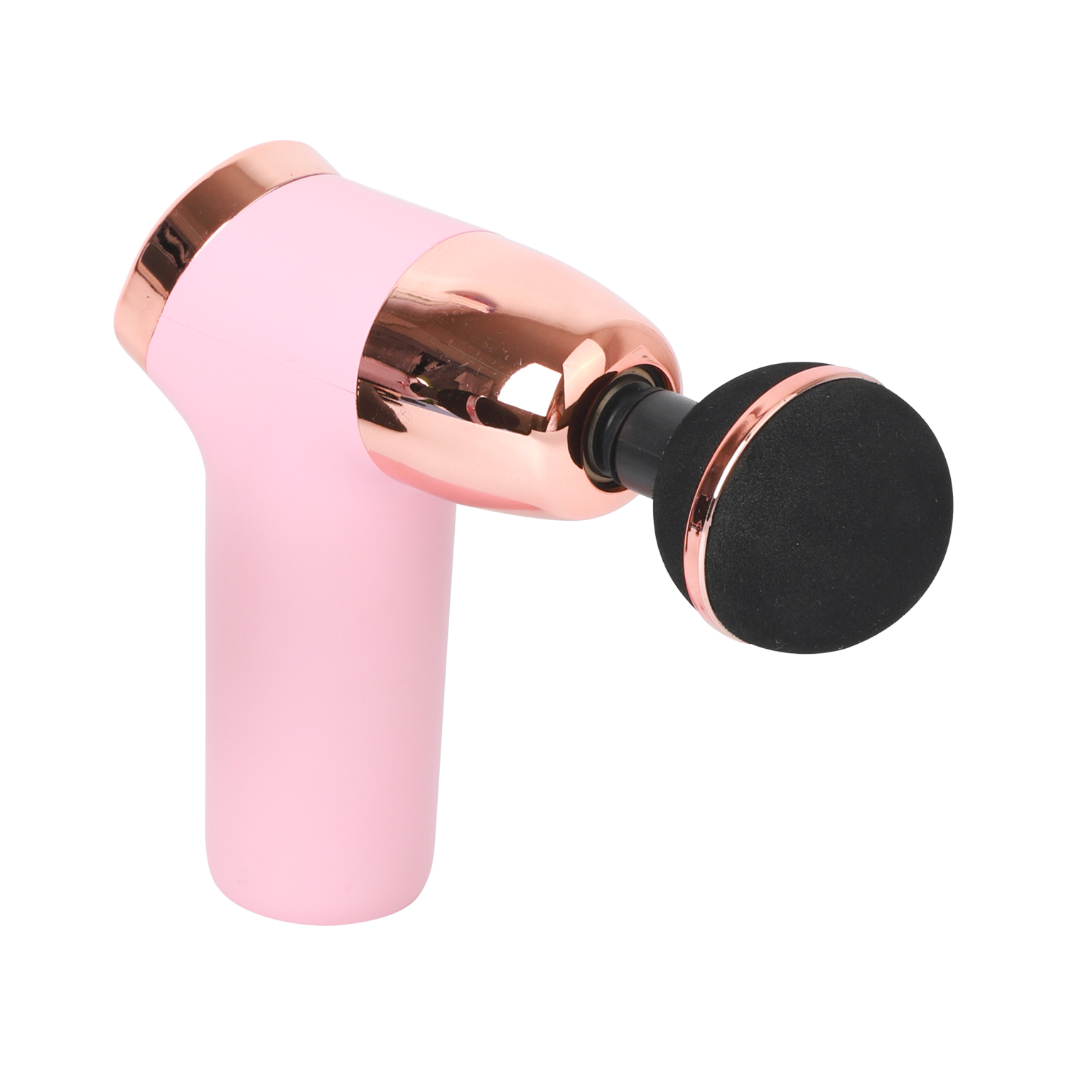 Eine rosa und roségoldfarbene Massagepistole auf weißem Hintergrund, mit einem schwarzen gepolsterten Kopf.